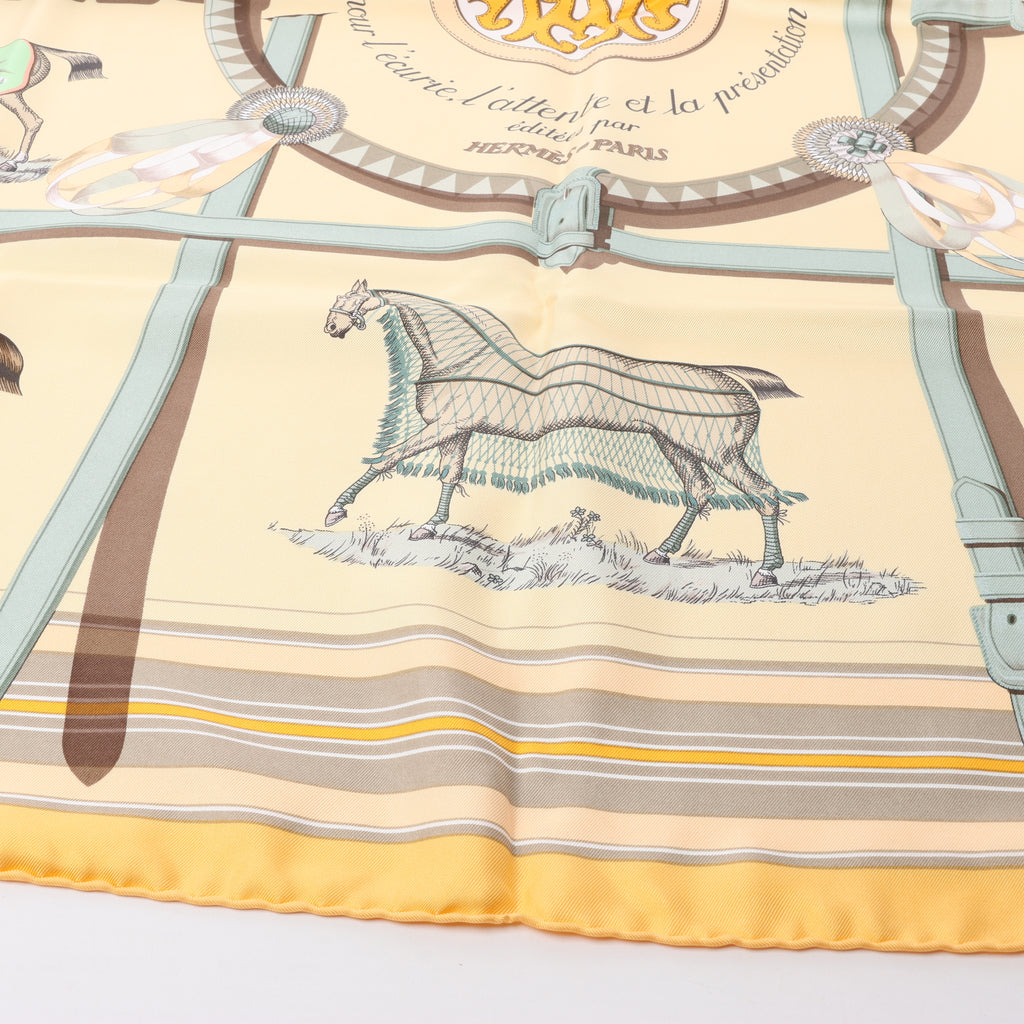 Hermès Carré 90 "Couvertures Et Tenues de Jour Pocket Square" 100% Silk Scarf in Beige