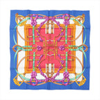 Hermès Carré 90 silk scarf in blue with red center panel, featuring gold harness and buckle motifs, teal straps, and purple ribbon flowers.