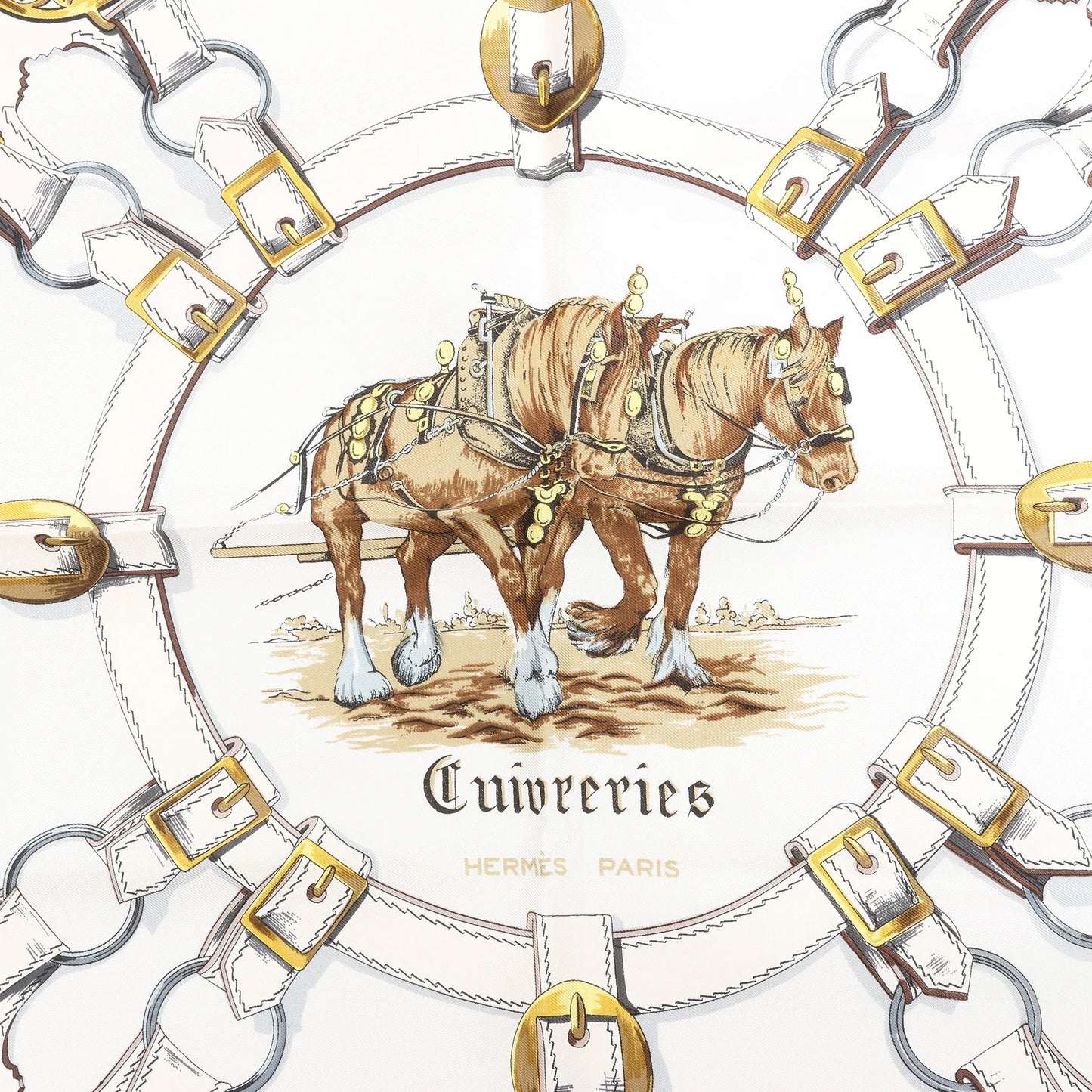 Hermès Carré 90 „Cuivreries“ Seidentaschentuch in Marineblau x Weiß