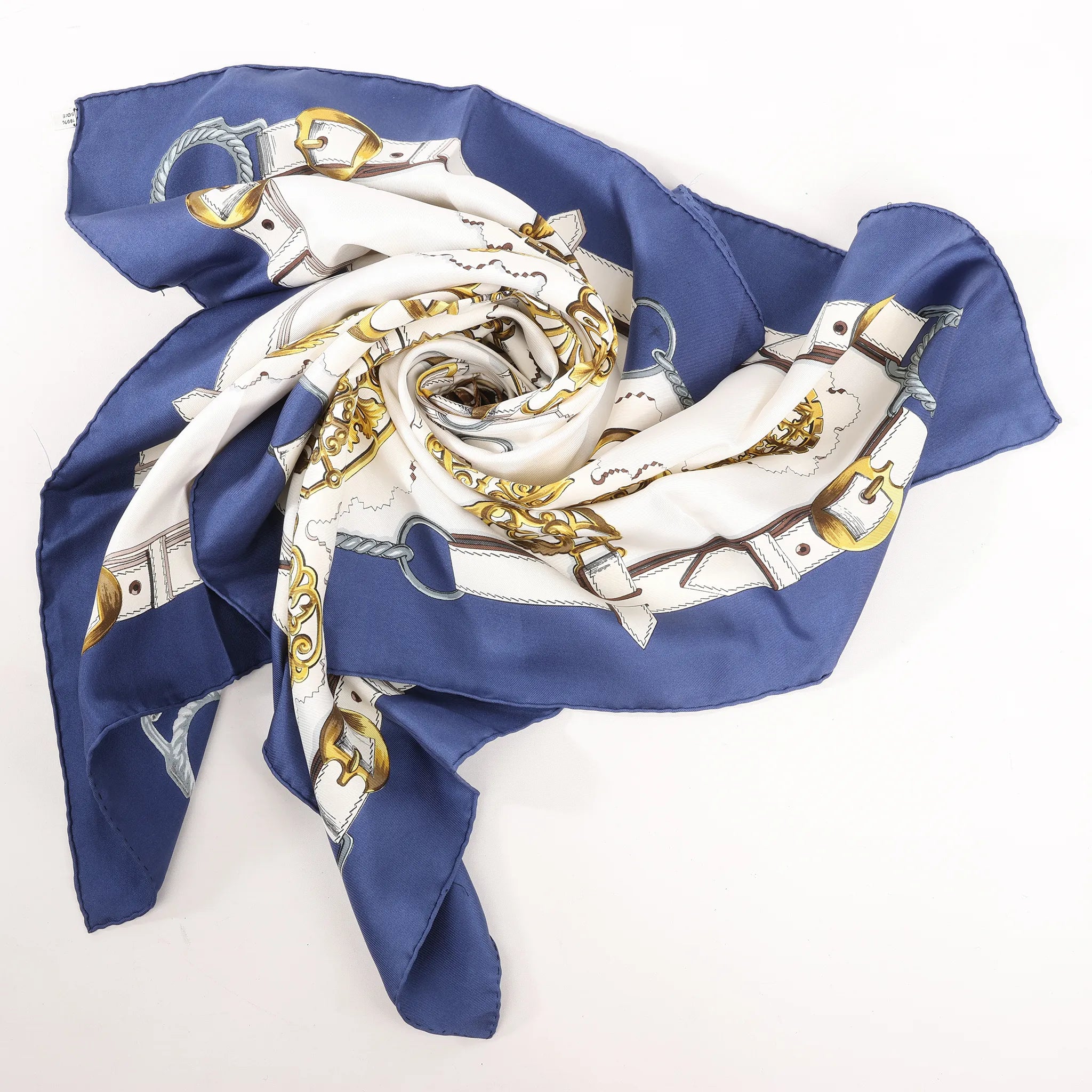 Hermès Carré 90 "Cuivreries" Silk handkerchief in Navy Blue x White
