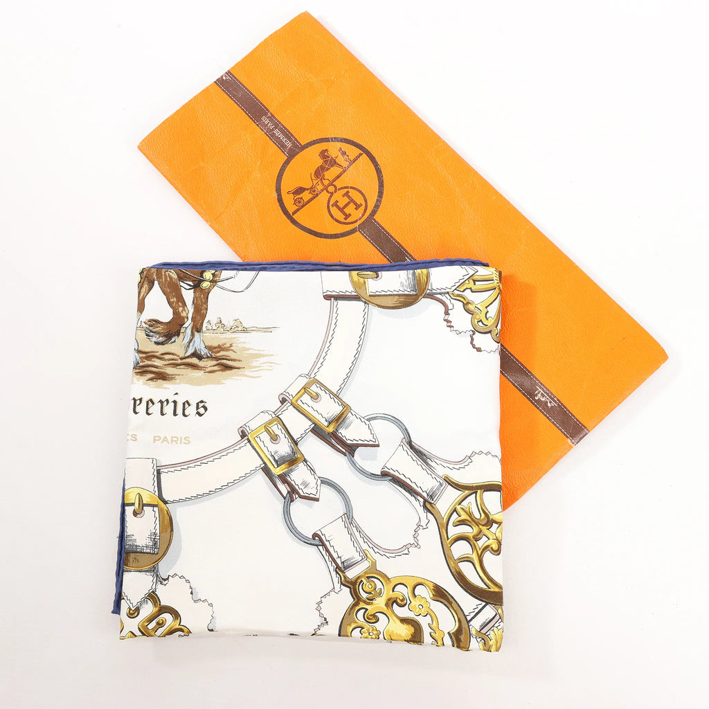 Hermès Carré 90 "Cuivreries" Silk handkerchief in Navy Blue x White