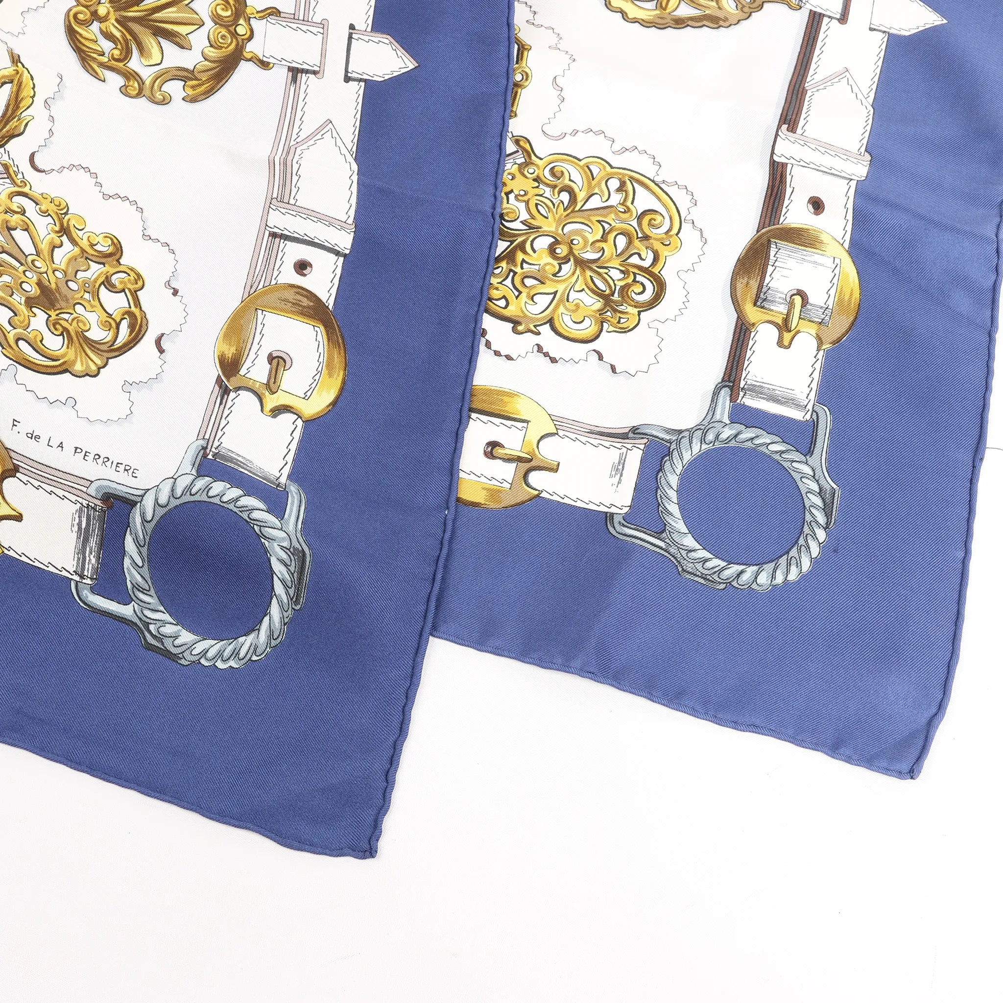 Hermès Carré 90 "Cuivreries" Silk handkerchief in Navy Blue x White