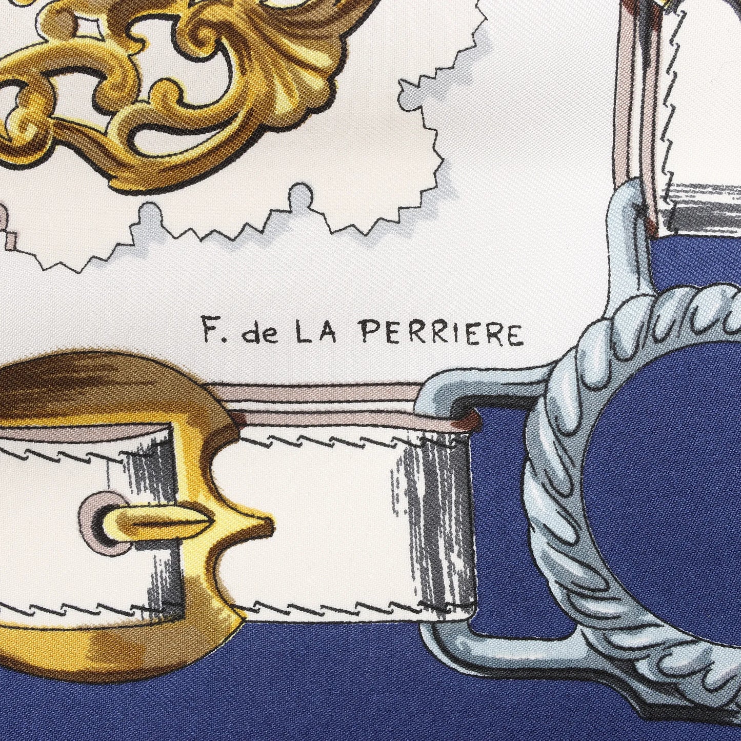 Hermès Carré 90 „Cuivreries“ Seidentaschentuch in Marineblau x Weiß