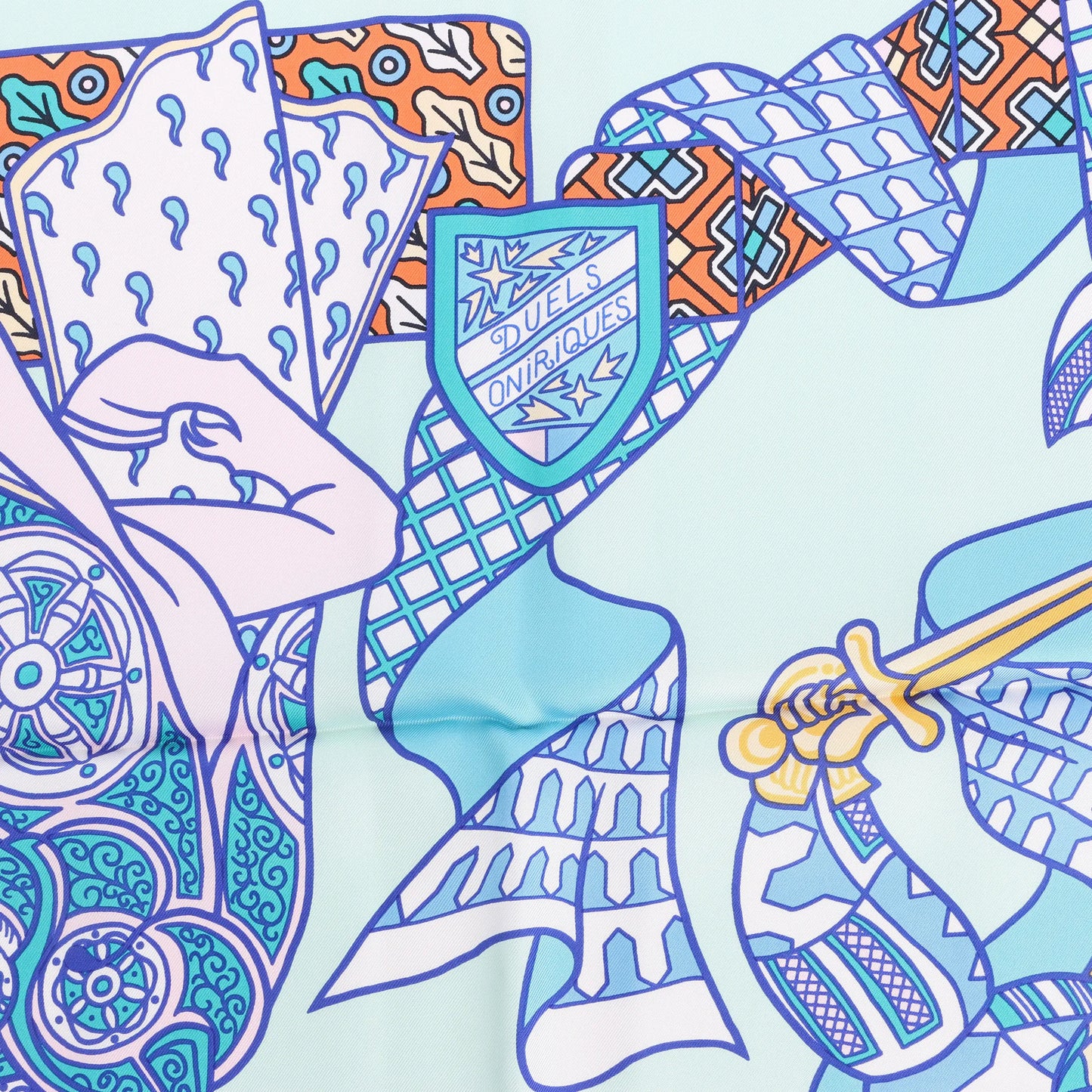 Hermès Carré 90 „DUELS ONIRIQUES“ Seidentaschentuch in Blau