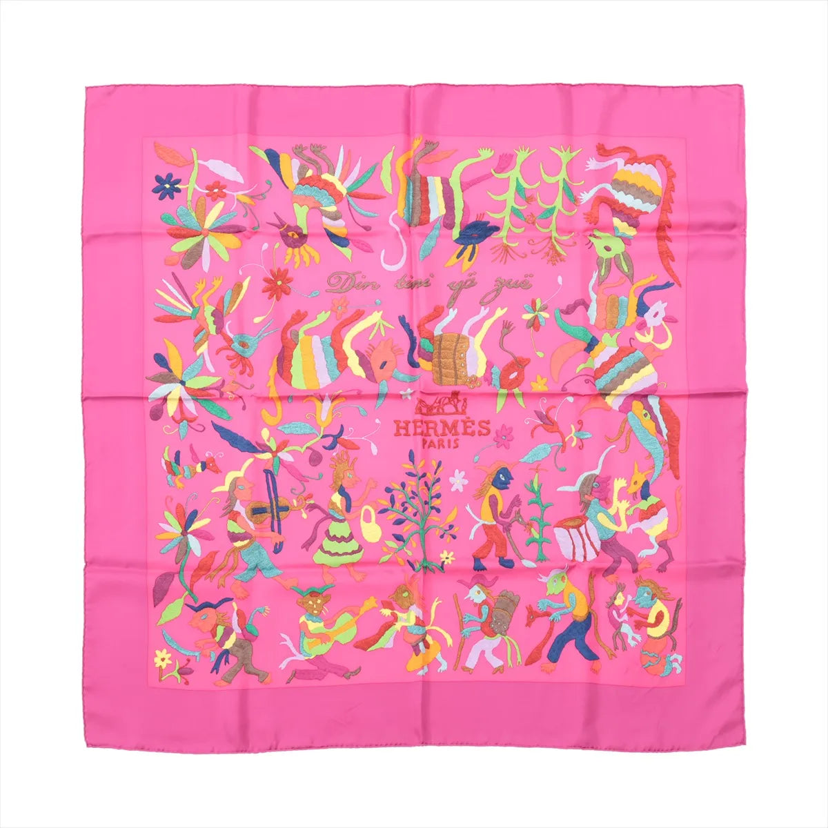 Hermès Carré 90 "Din tini ya Zue An" silk handkerchief in bright pink featuring colorful, whimsical animal and floral illustrations with Hermès Paris logo.