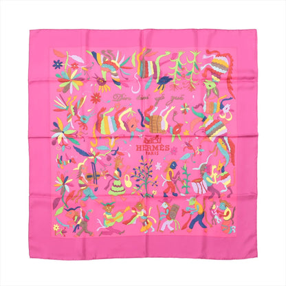 Hermès Carré 90 "Din tini ya Zue An" silk handkerchief in bright pink featuring colorful, whimsical animal and floral illustrations with Hermès Paris logo.