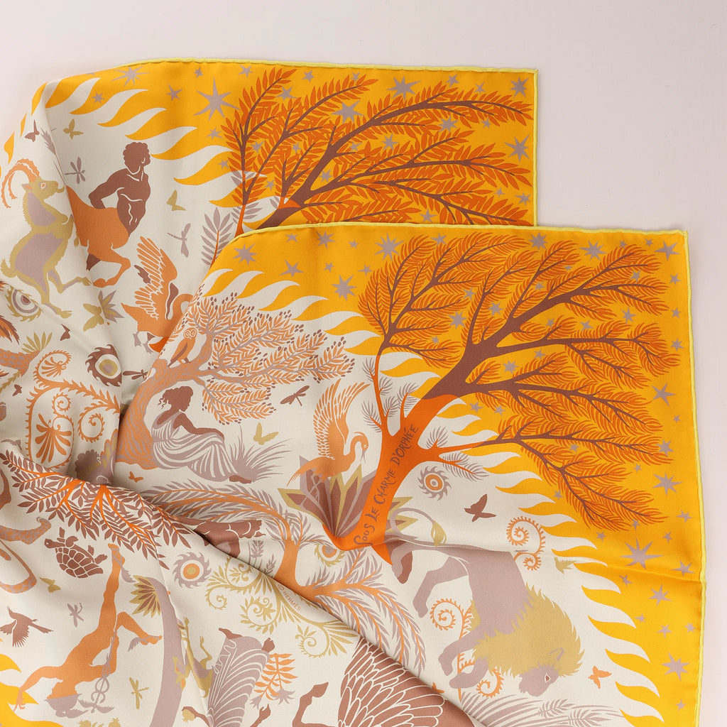 Hermès Carré 90 Double Face "le Charme d'Orphee Lured" Silk handkerchief in Yellow