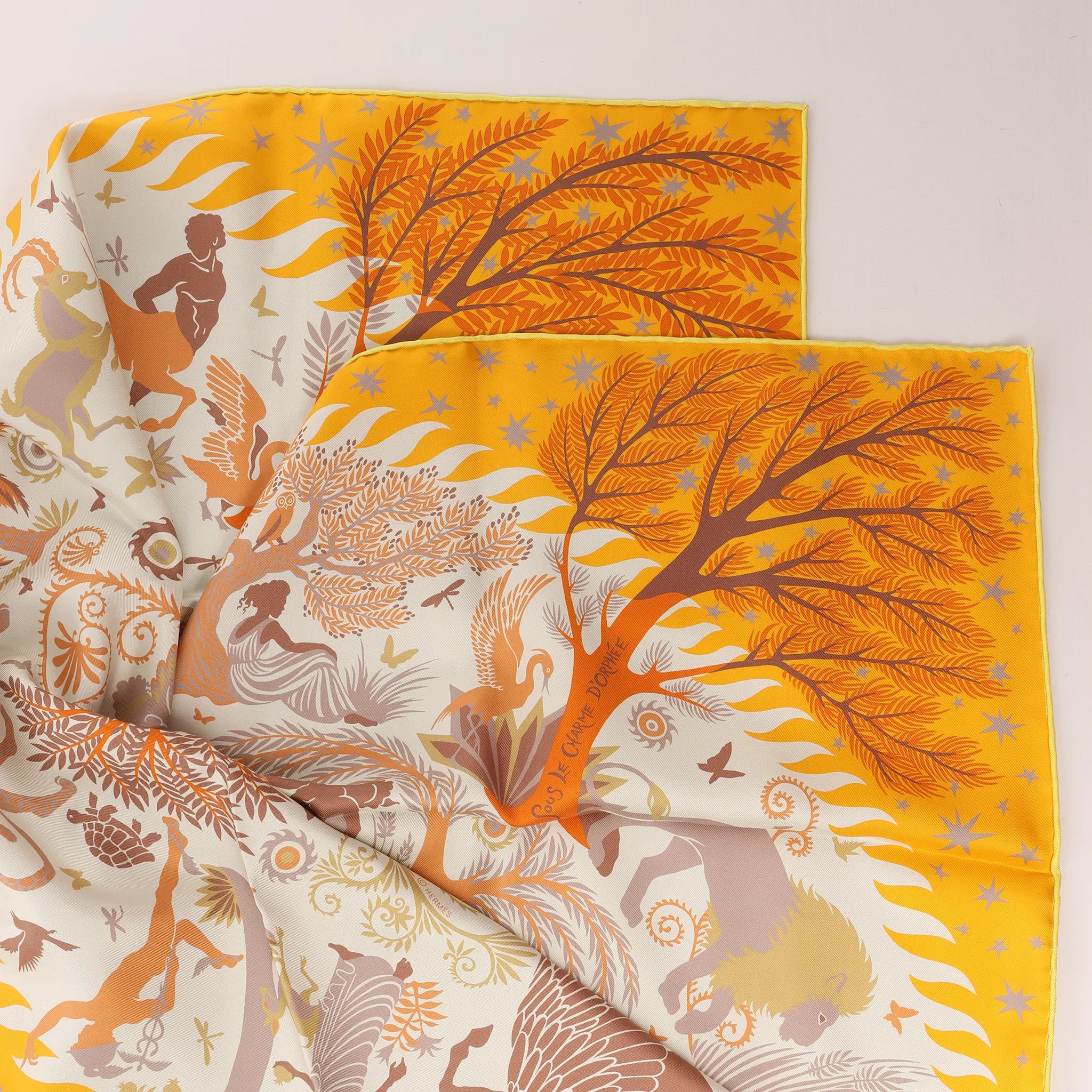 Hermès Carré 90 Double Face "le Charme d'Orphee Lured" Silk handkerchief in Yellow
