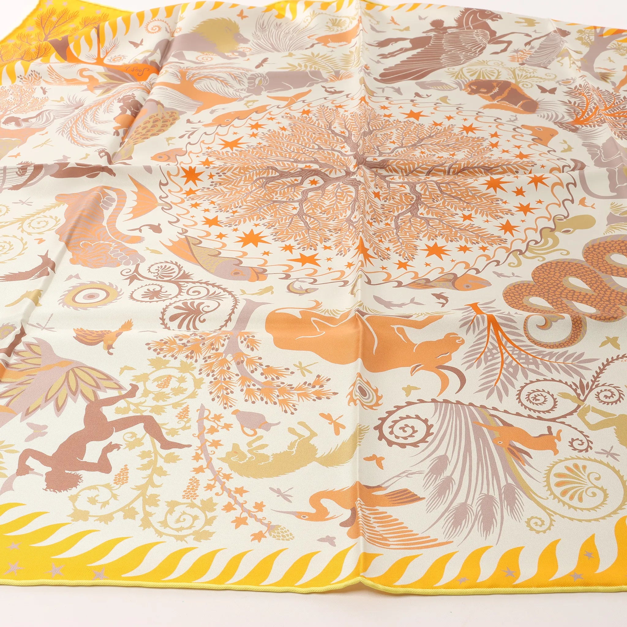 Hermès Carré 90 Double Face "le Charme d'Orphee Lured" Silk handkerchief in Yellow