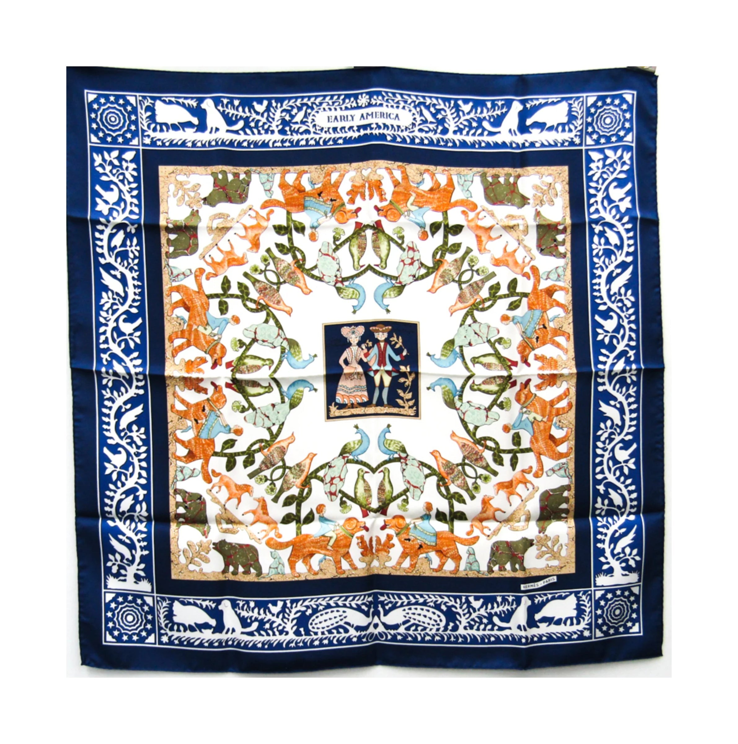 Hermès Carré 90 "EARLY AMERICA" 100% Silk Scarf in Navy