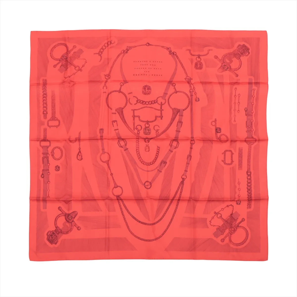 Hermès Carré 90 "Étvde Povr Vne Parvre de Gala" silk scarf in red, featuring intricate tonal illustrations of bridles, bits, and equestrian chains arranged symmetrically over a subtle background monogram.