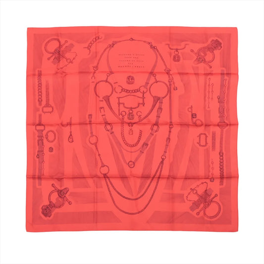 Hermès Carré 90 "Étvde Povr Vne Parvre de Gala" silk scarf in red, featuring intricate tonal illustrations of bridles, bits, and equestrian chains arranged symmetrically over a subtle background monogram.