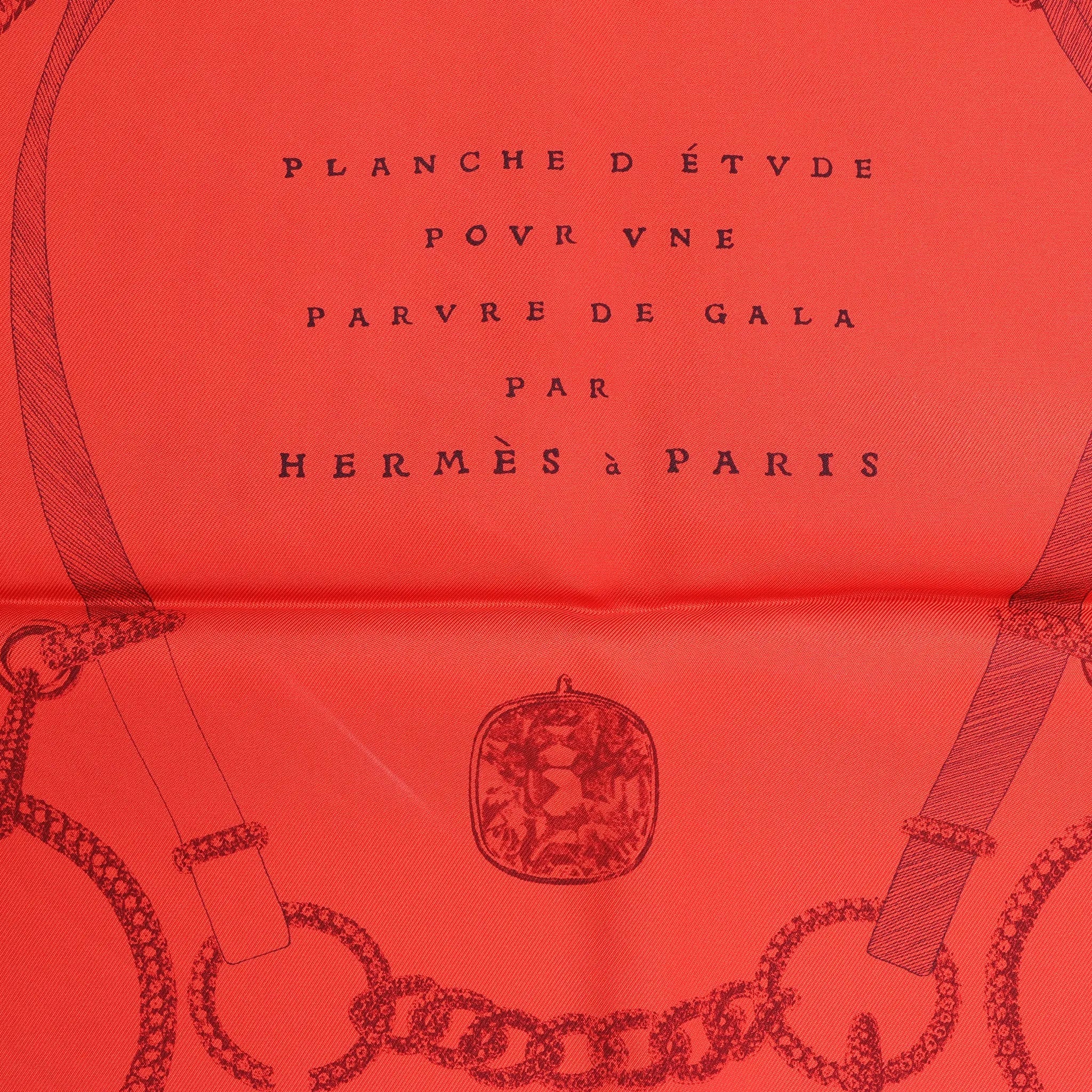Hermès Carré 90 "ETVDE POVR VNE PARVRE DE GALA" Silk handkerchief in Red