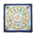 Hermès Carré 90 navy and light blue silk scarf with gold laurel wreath border, star pattern, central chariot motif, and circular European emblem crests, laid flat