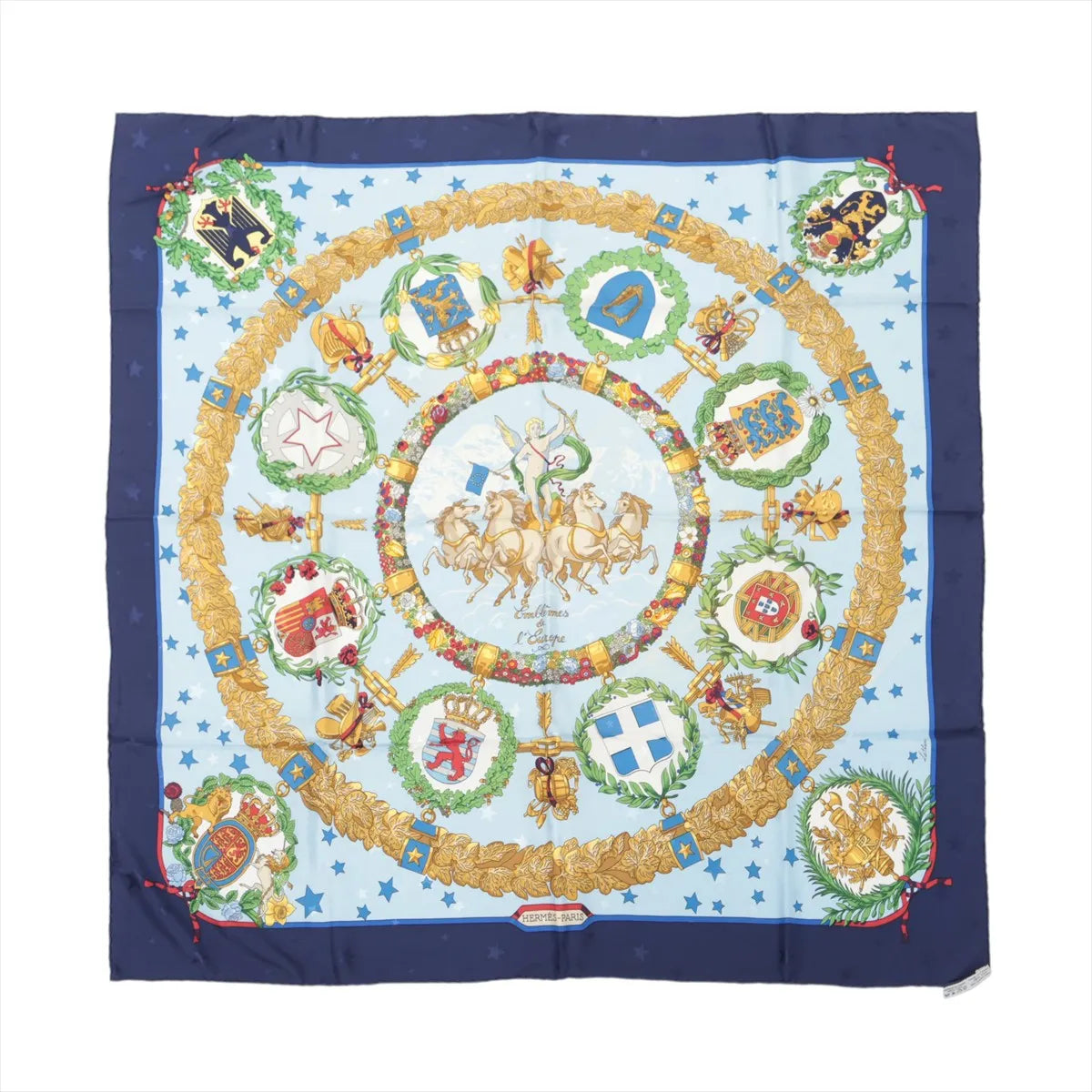 Hermès Carré 90 navy and light blue silk scarf with gold laurel wreath border, star pattern, central chariot motif, and circular European emblem crests, laid flat
