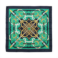 Navy and green Hermès Carré 90 silk scarf with symmetrical gold, white and blue equestrian straps, rings and riding hardware motifs.