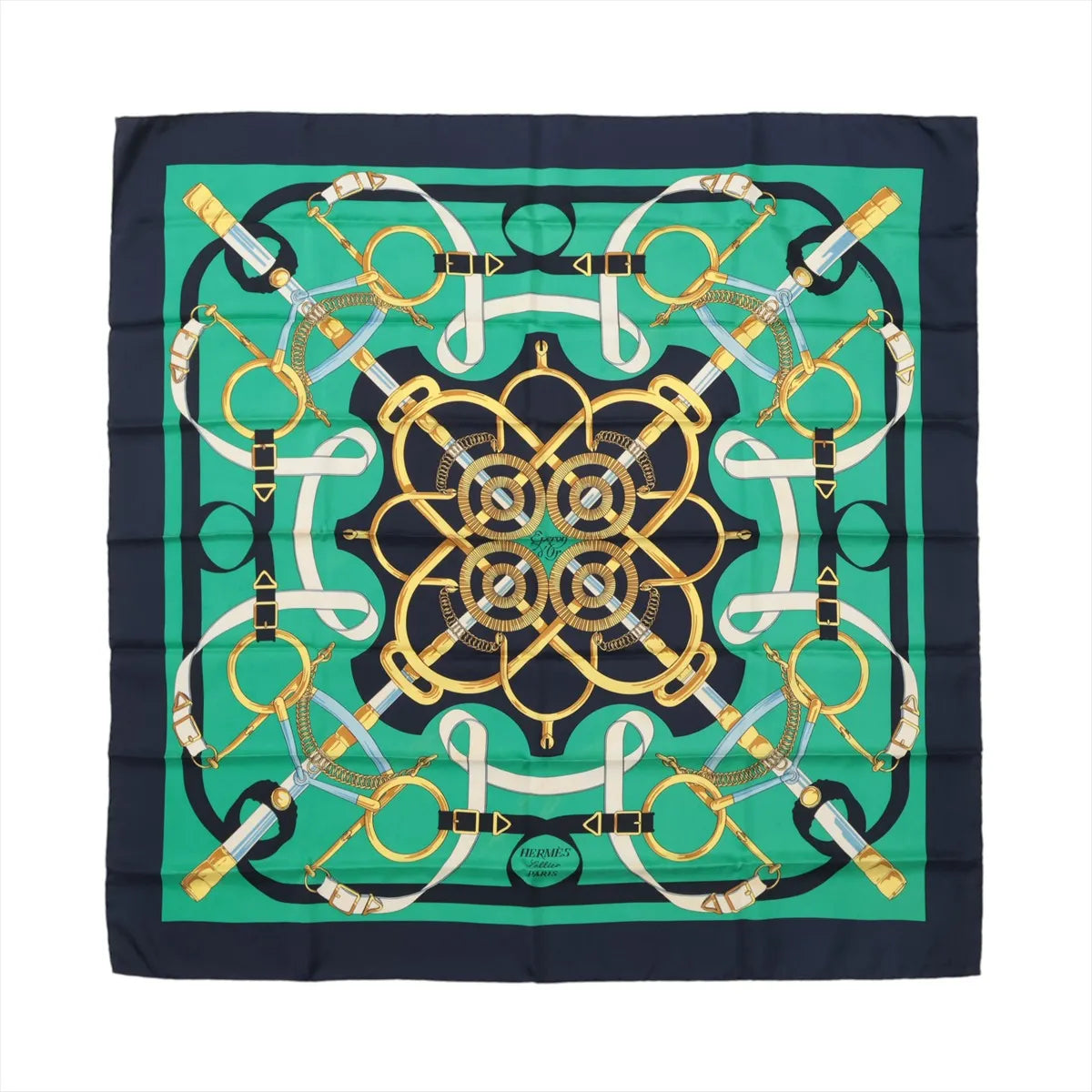 Navy and green Hermès Carré 90 silk scarf with symmetrical gold, white and blue equestrian straps, rings and riding hardware motifs.