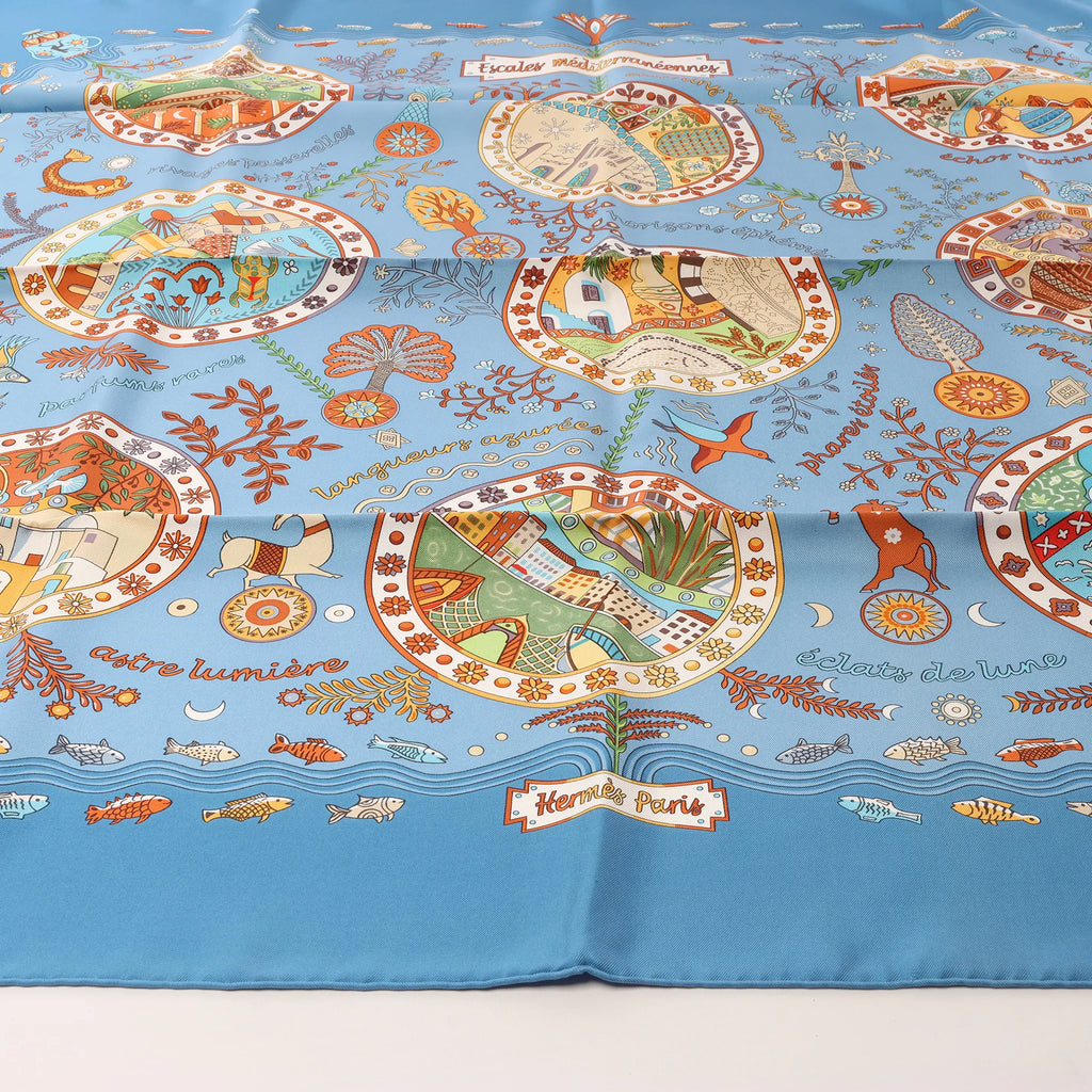 Hermès Carré 90 "Escales Méditerranéennes" Silk handkerchief in Blue