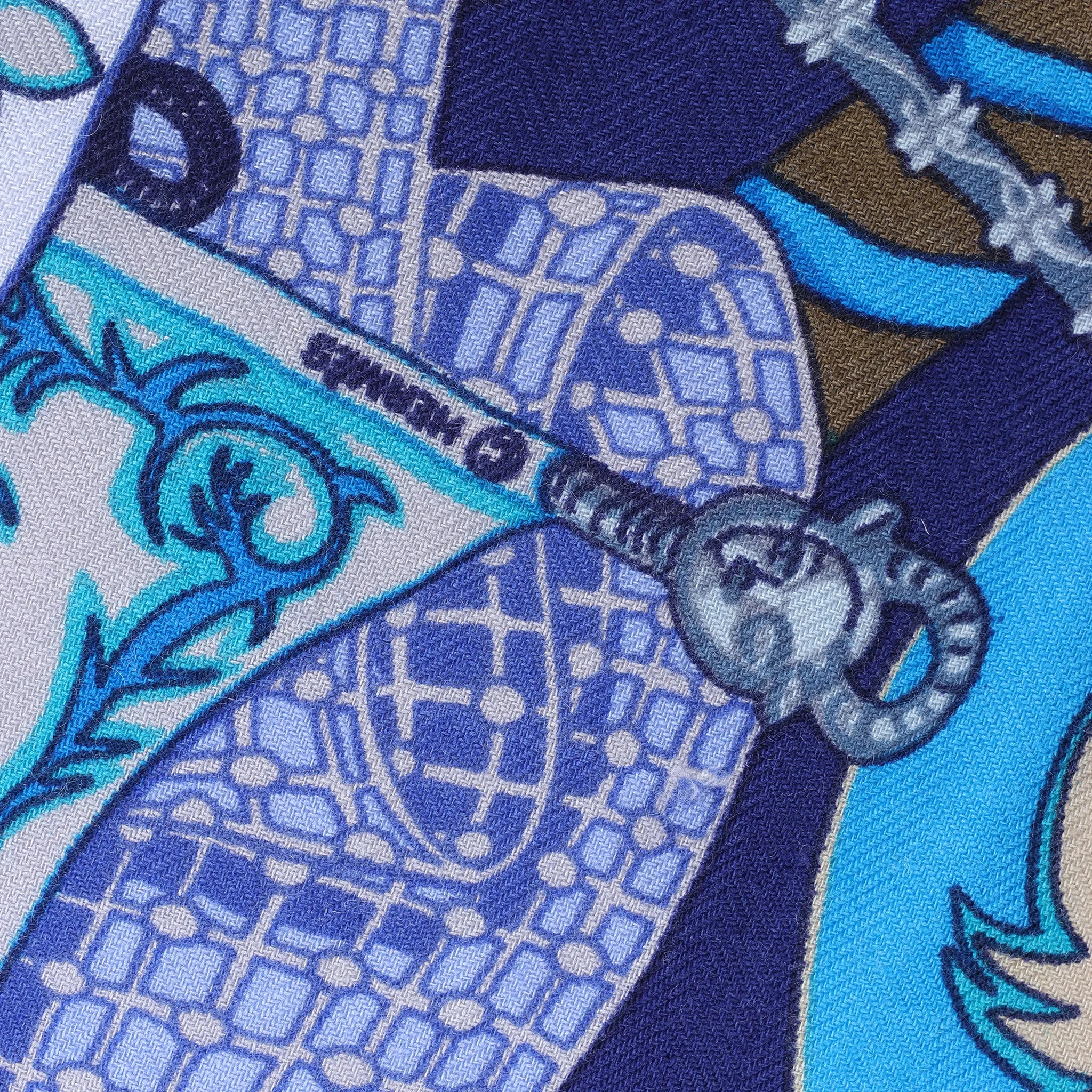 Hermès Carré 90 "Etendards et Bonnieres flag" Cashmere x Silk handkerchief in Blue