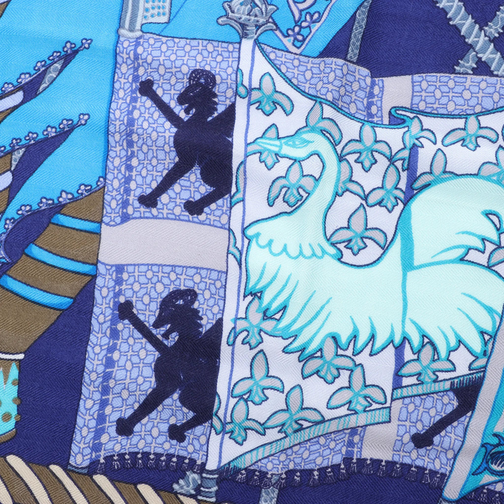 Hermès Carré 90 "Etendards et Bonnieres flag" Cashmere x Silk handkerchief in Blue