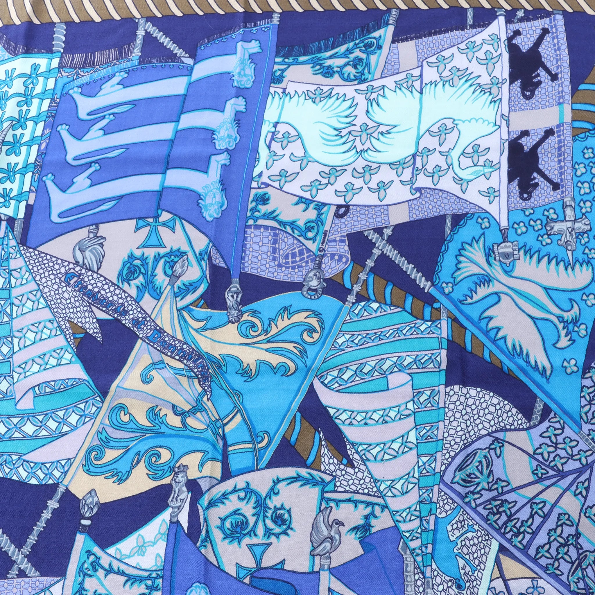 Hermès Carré 90 "Etendards et Bonnieres flag" Cashmere x Silk handkerchief in Blue