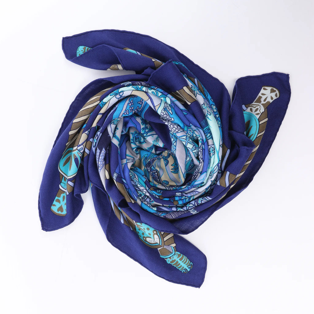 Hermès Carré 90 "Etendards et Bonnieres flag" Cashmere x Silk handkerchief in Blue