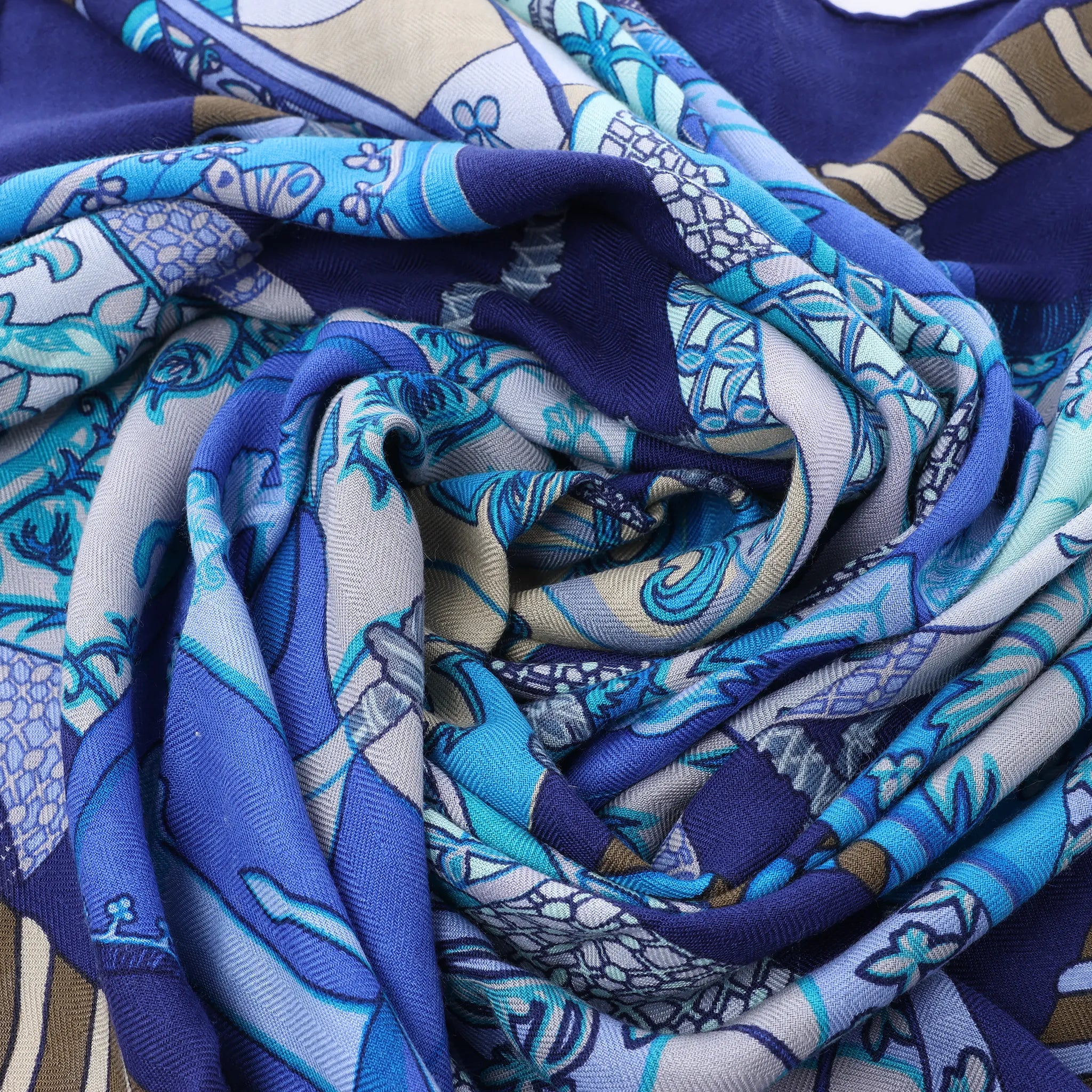 Hermès Carré 90 "Etendards et Bonnieres flag" Cashmere x Silk handkerchief in Blue