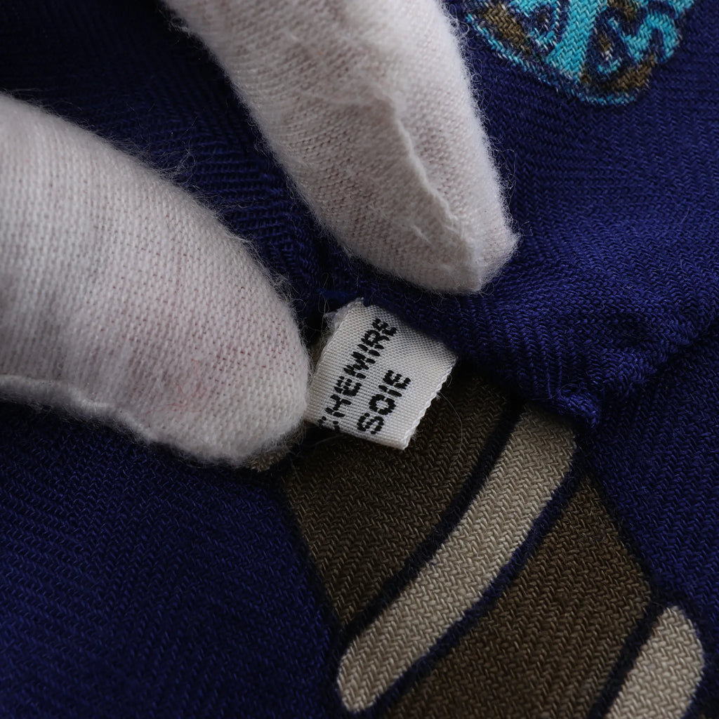 Hermès Carré 90 "Etendards et Bonnieres flag" Cashmere x Silk handkerchief in Blue