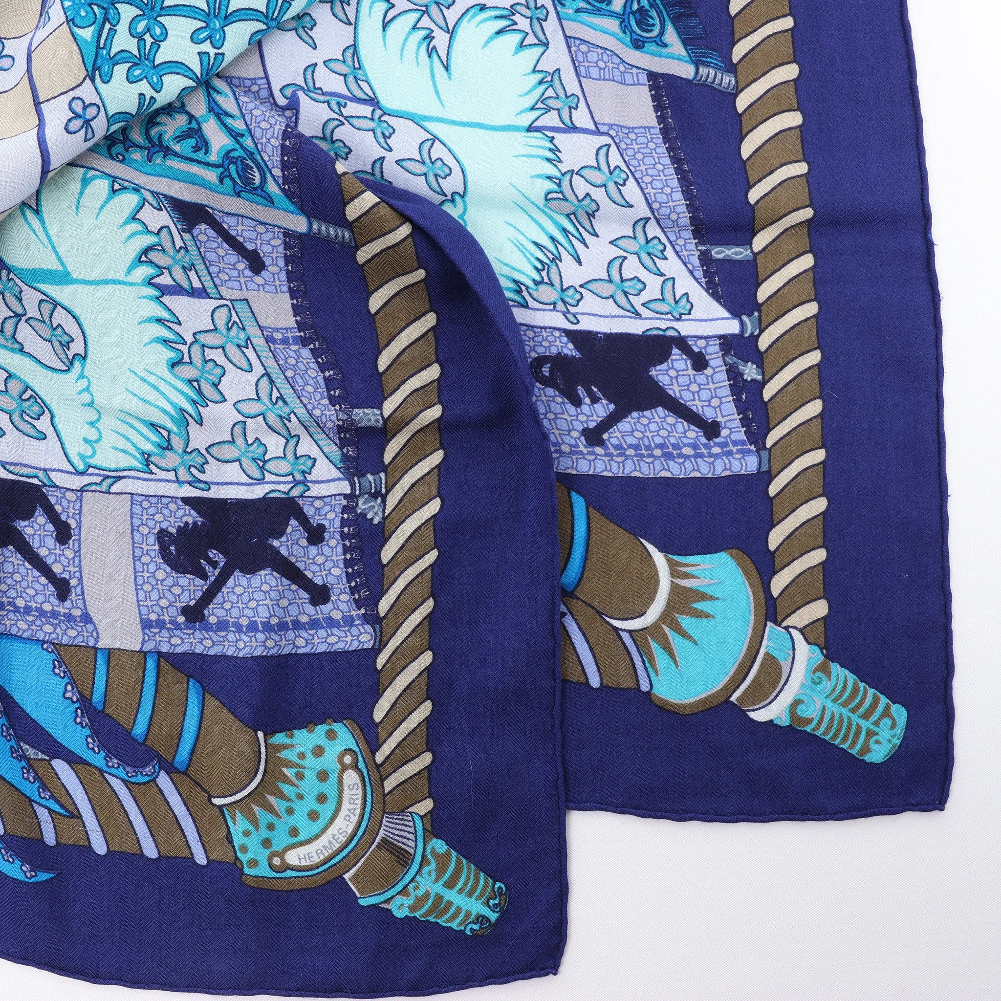 Hermès Carré 90 "Etendards et Bonnieres flag" Cashmere x Silk handkerchief in Blue