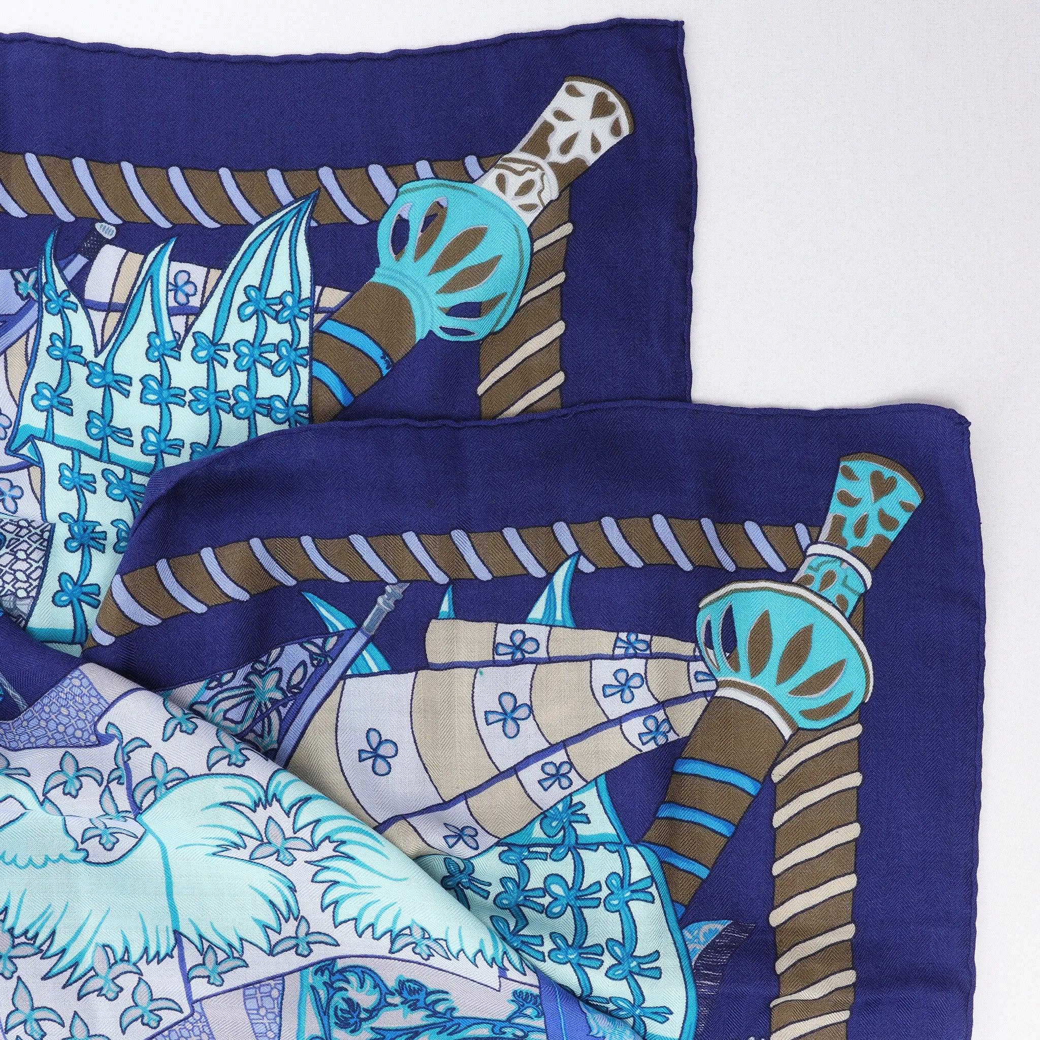 Hermès Carré 90 "Etendards et Bonnieres flag" Cashmere x Silk handkerchief in Blue