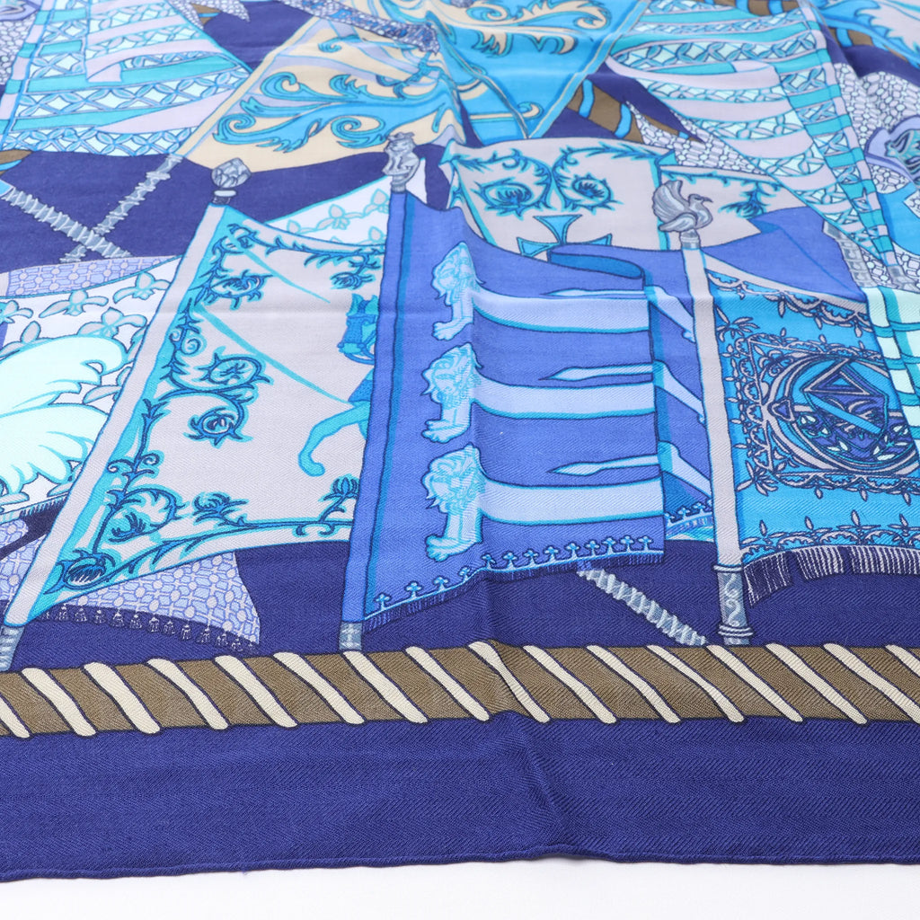 Hermès Carré 90 "Etendards et Bonnieres flag" Cashmere x Silk handkerchief in Blue