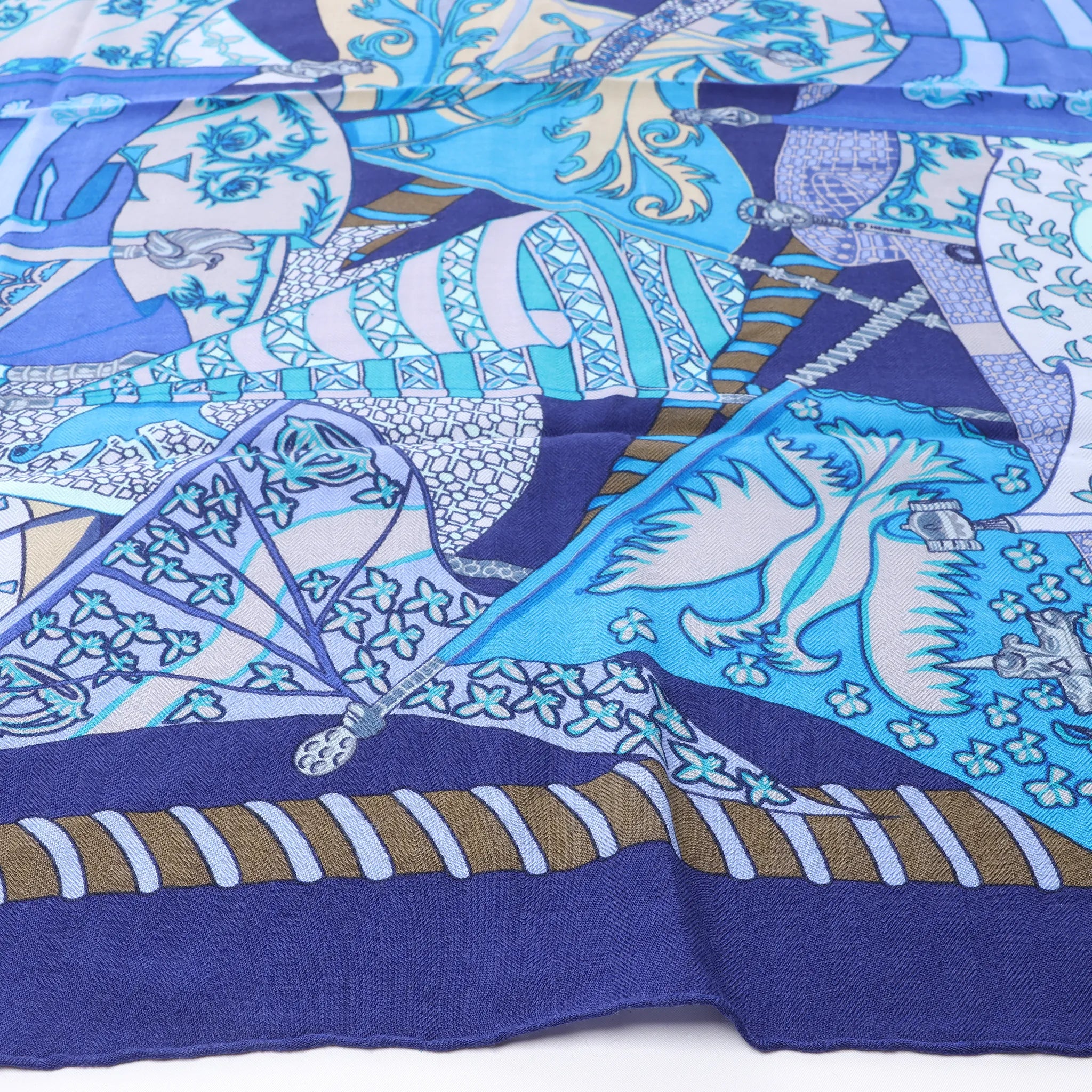 Hermès Carré 90 "Etendards et Bonnieres flag" Cashmere x Silk handkerchief in Blue