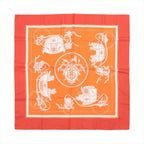 Hermès Carré 90 orange silk scarf with white Ex-Libris carriage and emblem illustration, framed by a red-orange border and cream inner border.