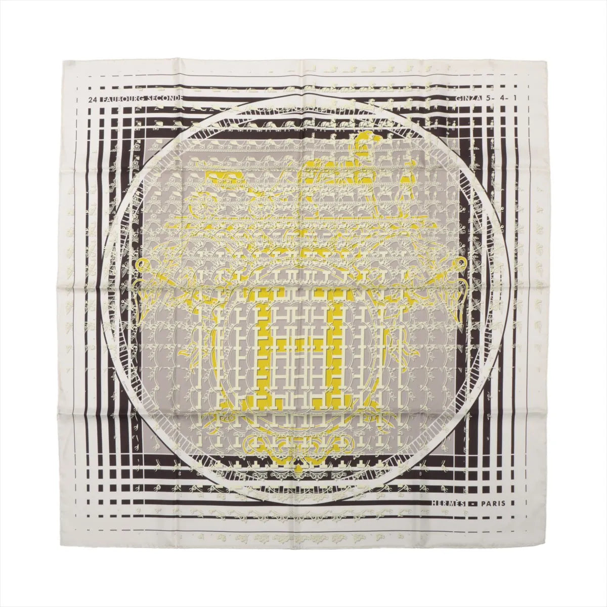 Hermès Carré 90 silk handkerchief featuring the "Faubourg Seconde" design in yellow, black, and white, with layered architectural motifs, grid lines, and an ornate central "H" emblem framed by a circular border.