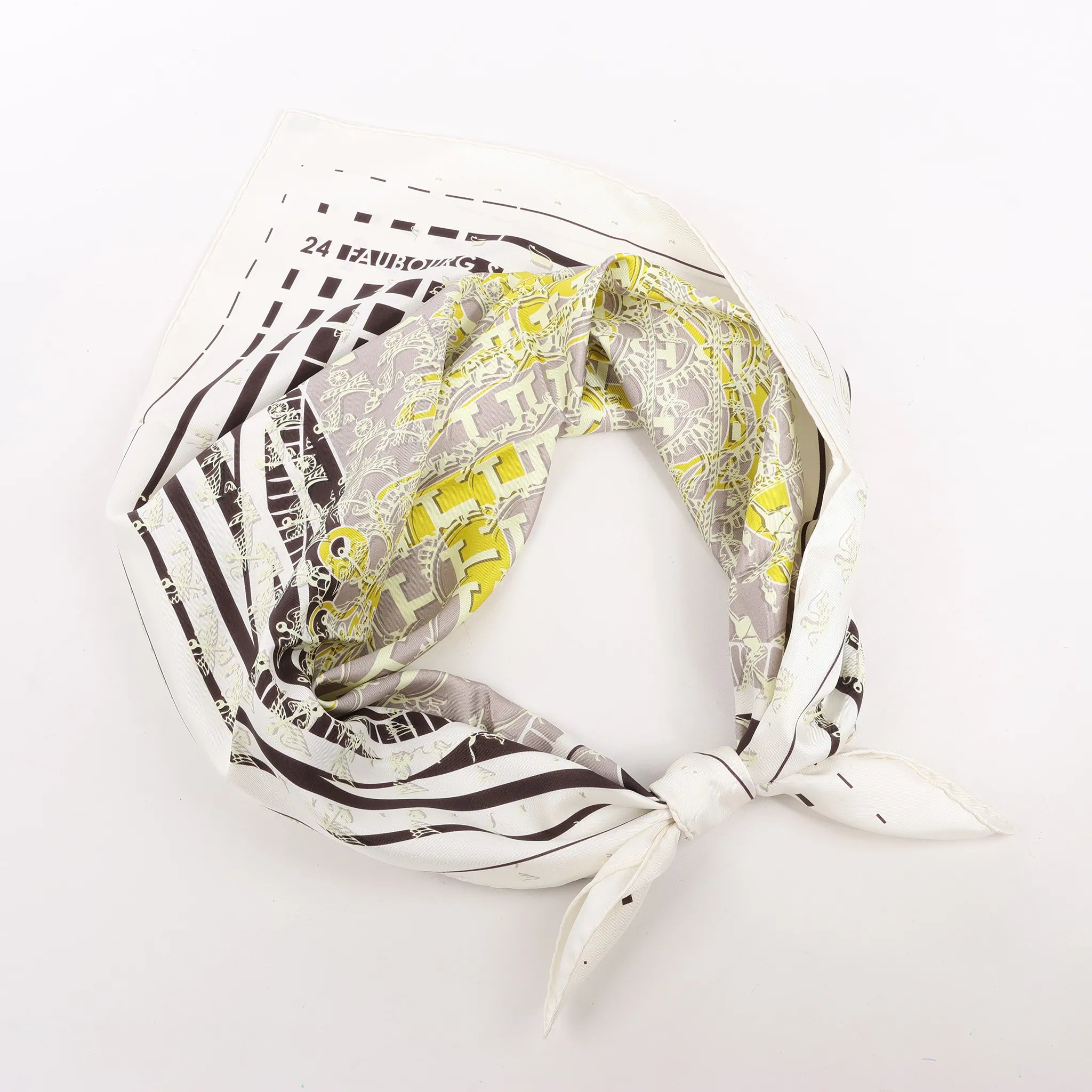 Hermès Carré 90 "FAUBOURG SECONDE" Silk handkerchief in Yellow x Black x White