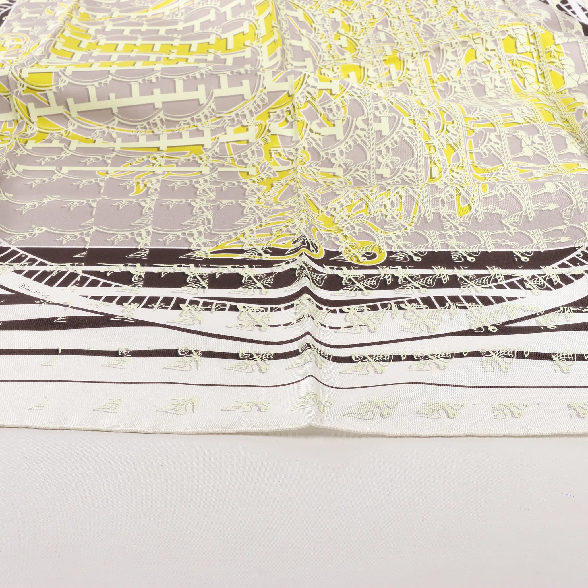 Hermès Carré 90 "FAUBOURG SECONDE" Silk handkerchief in Yellow x Black x White