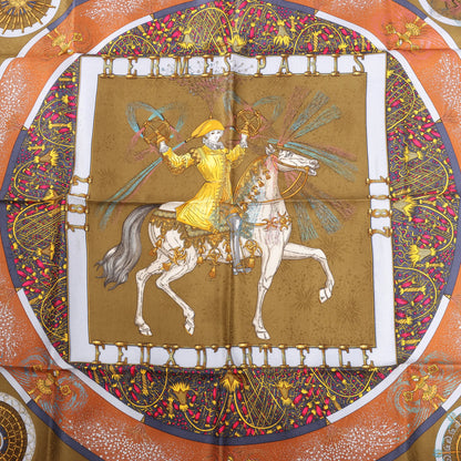 Hermès Carré 90 „FEUX D'ARTIFICE“ Seidentaschentuch in Marineblau x Braun