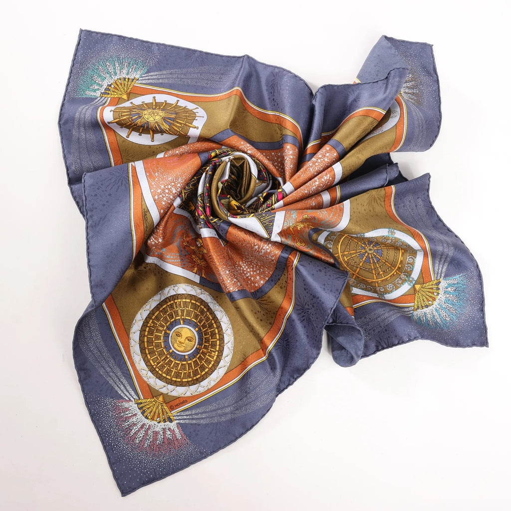 Hermès Carré 90 "FEUX D’ARTIFICE" Silk handkerchief in Navy Blue x Brown
