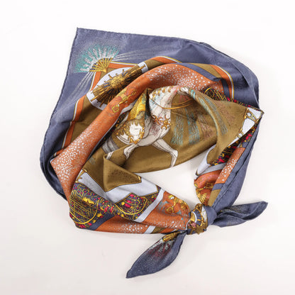 Hermès Carré 90 „FEUX D'ARTIFICE“ Seidentaschentuch in Marineblau x Braun