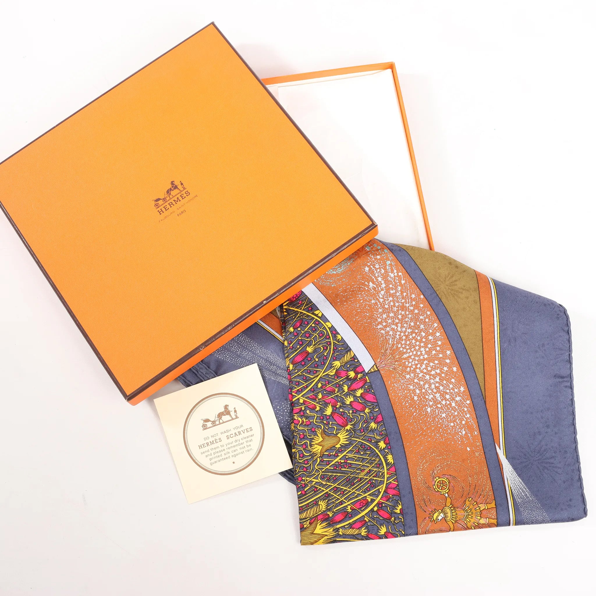 Hermès Carré 90 "FEUX D’ARTIFICE" Silk handkerchief in Navy Blue x Brown
