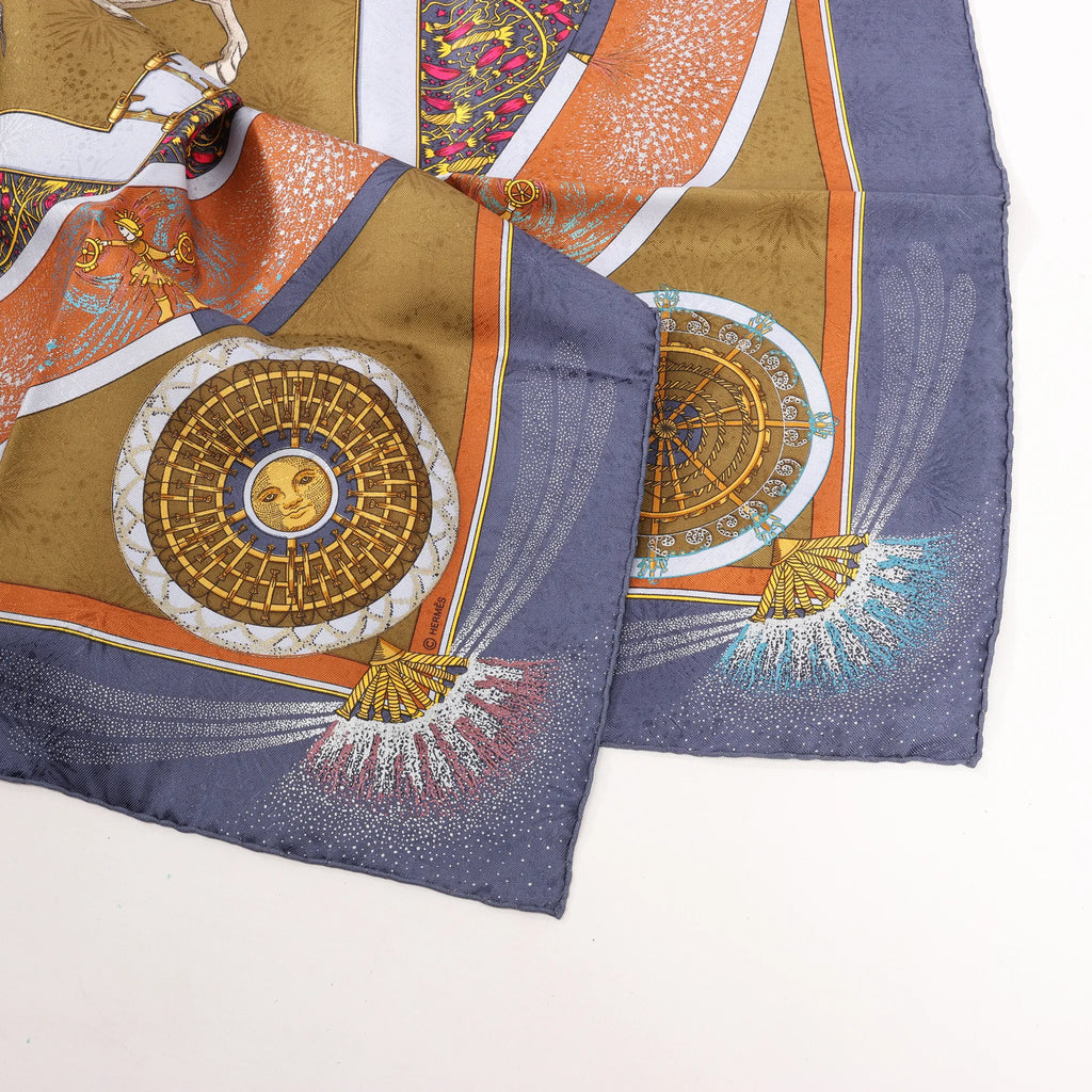 Hermès Carré 90 "FEUX D’ARTIFICE" Silk handkerchief in Navy Blue x Brown