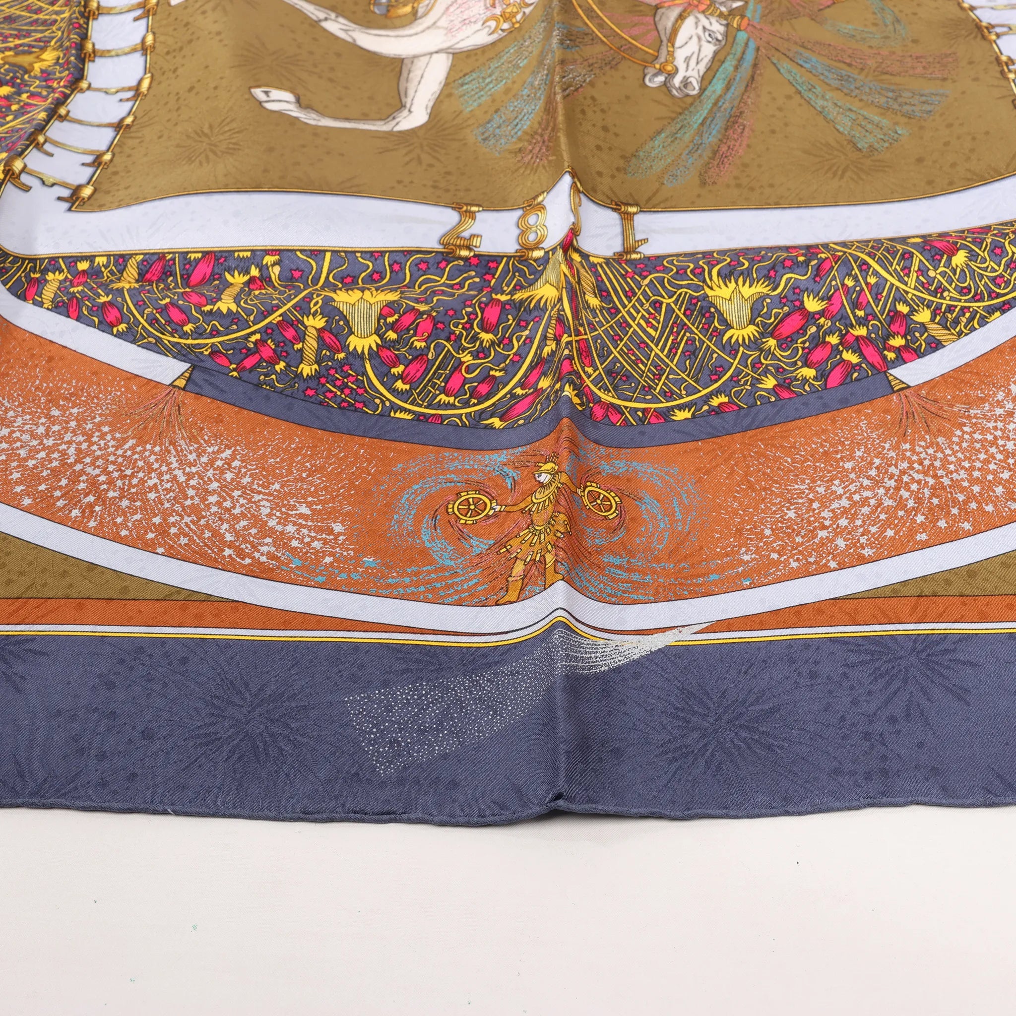 Hermès Carré 90 "FEUX D’ARTIFICE" Silk handkerchief in Navy Blue x Brown