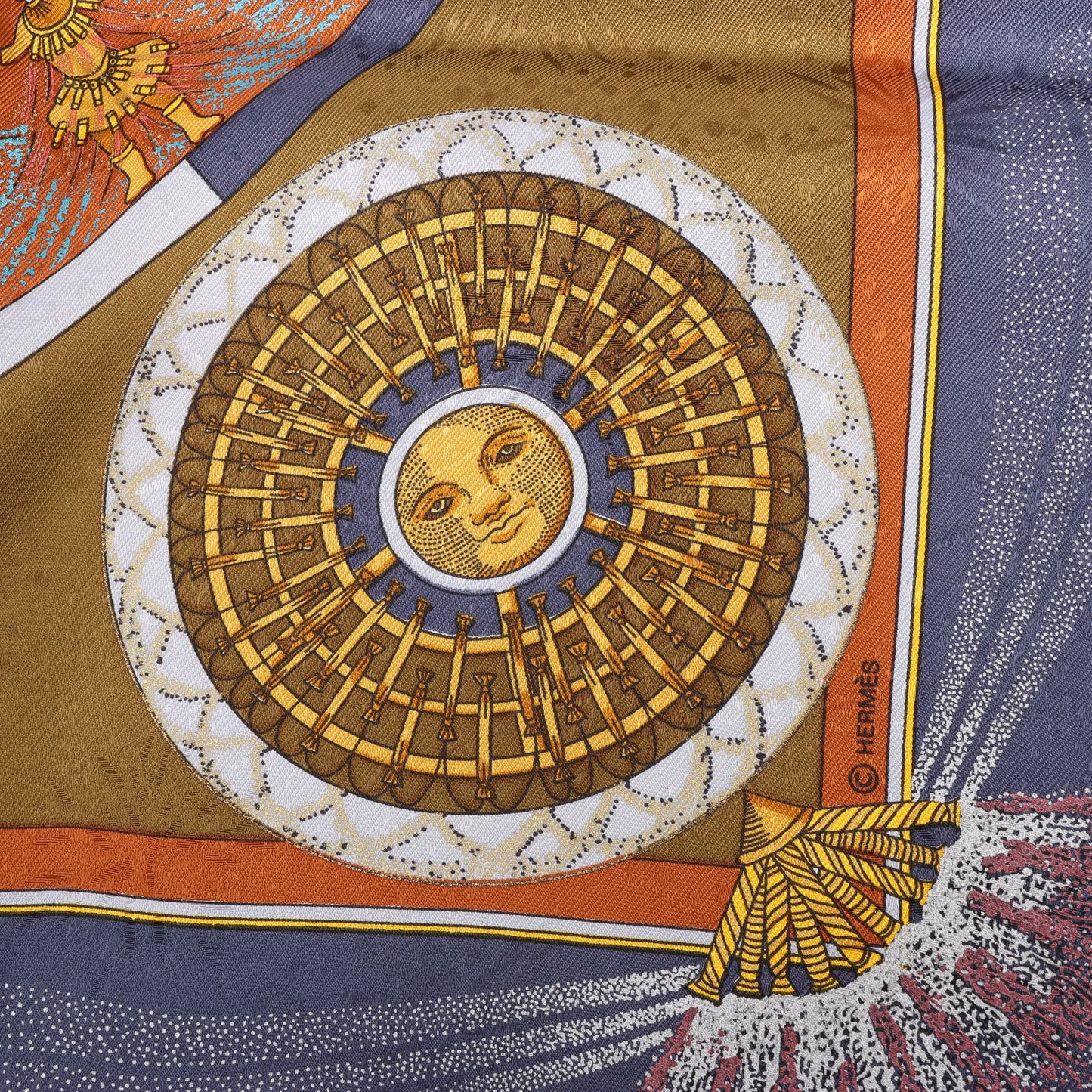 Hermès Carré 90 „FEUX D'ARTIFICE“ Seidentaschentuch in Marineblau x Braun