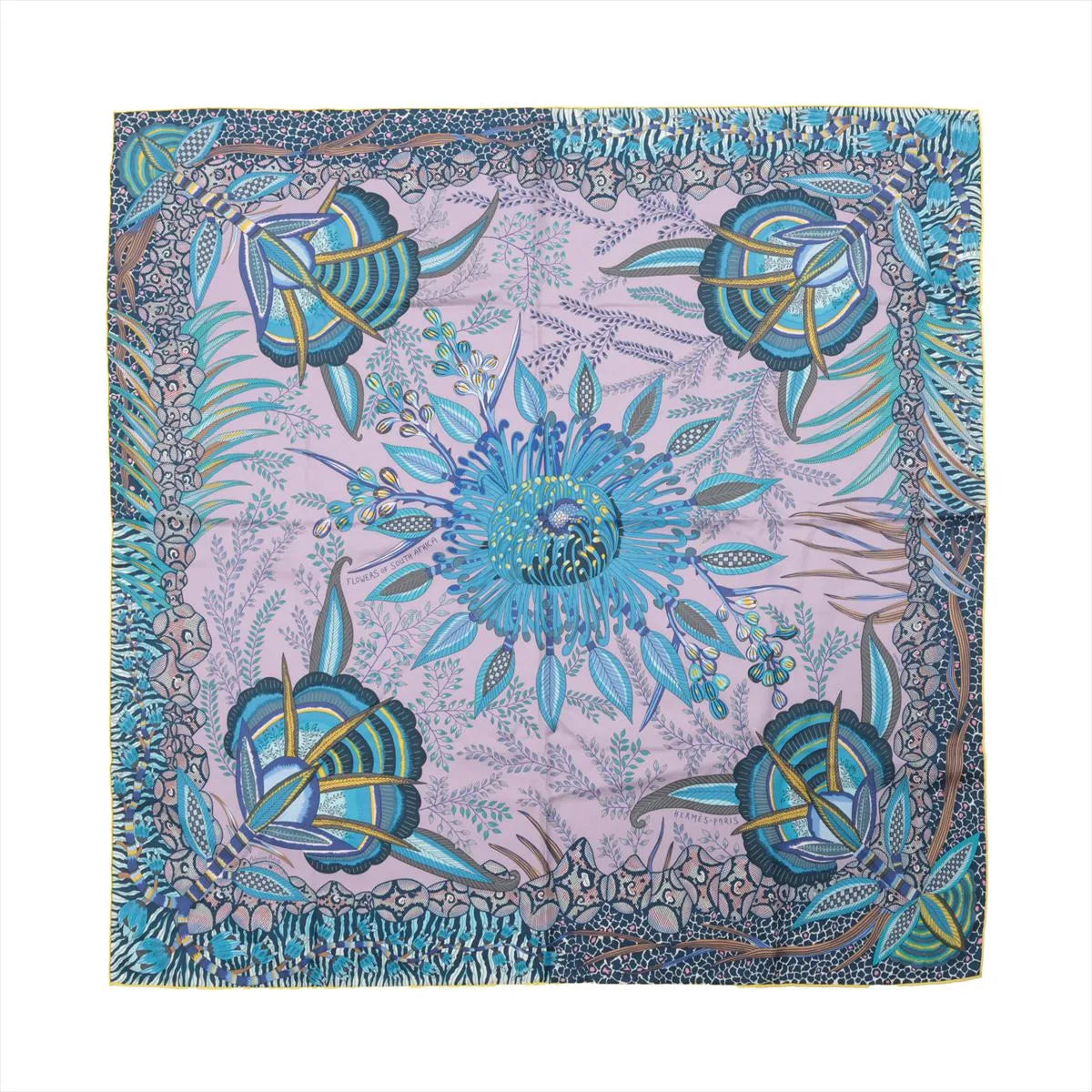 Hermès Carré 90 silk scarf with purple background, blue floral center motif, and multicolor botanical border pattern