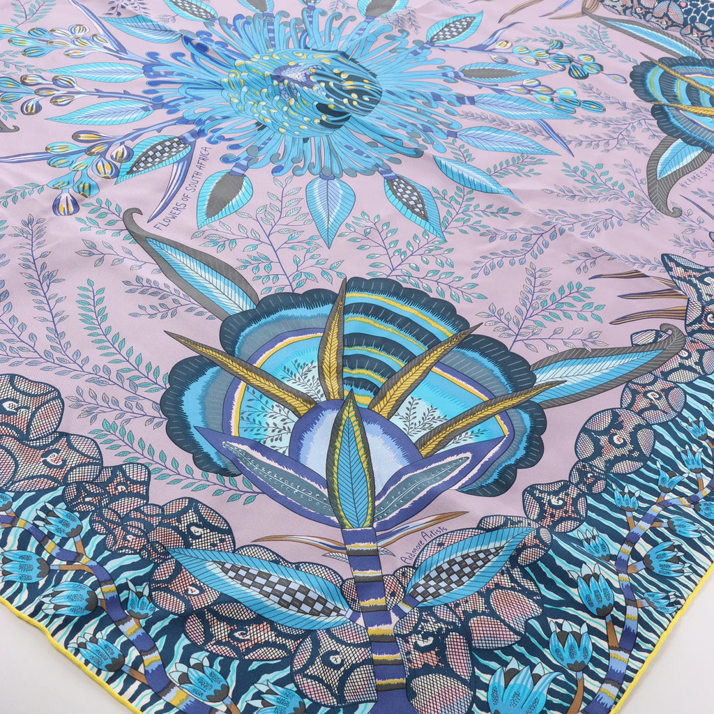 Hermès Carré 90 "FLOWERS OF SOUTH AFRICA" Silk handkerchief in Purple x Blue