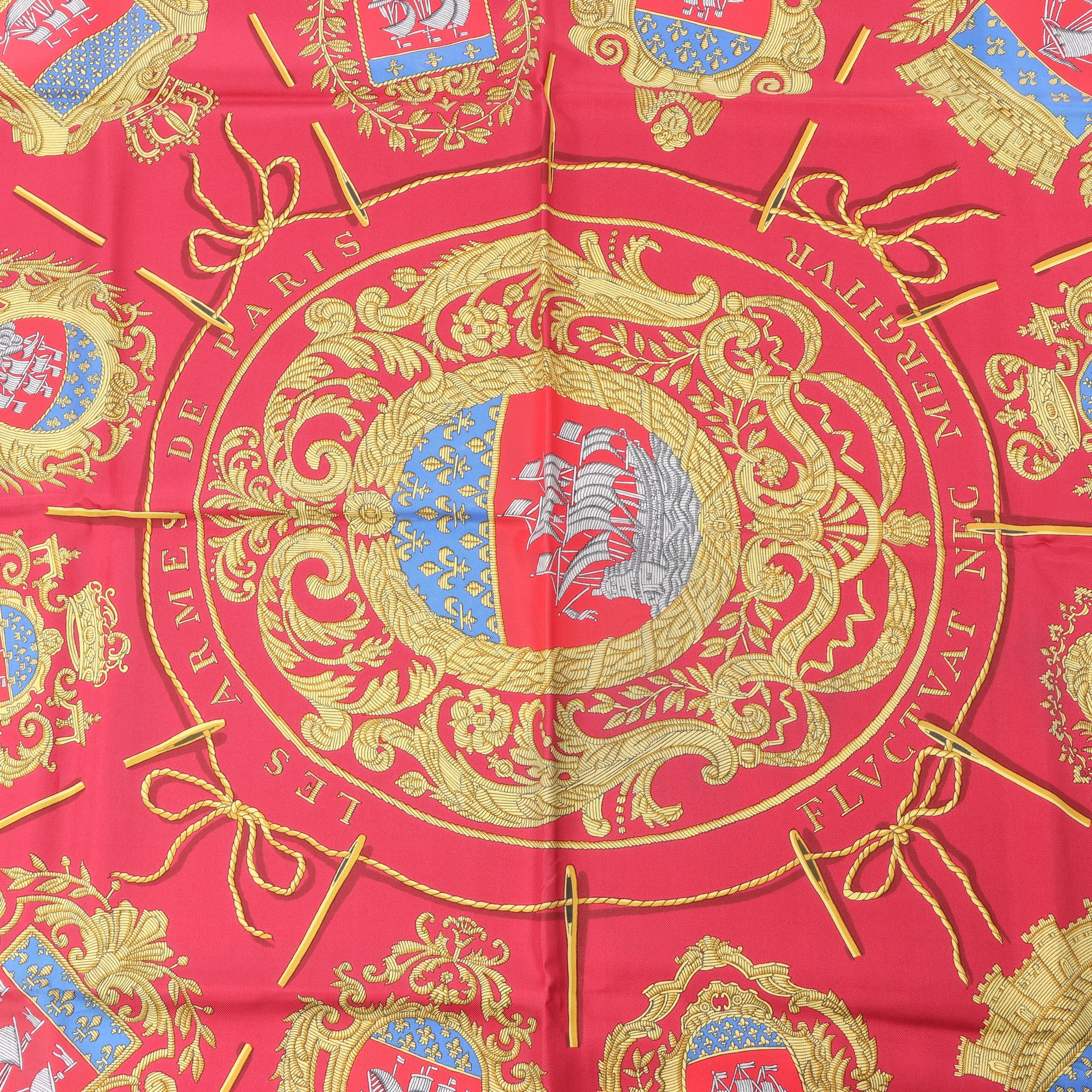 Hermès Carré 90 "FLVCTVAT NEC MERGITVR" 100% Silk Scarf in Green x Red