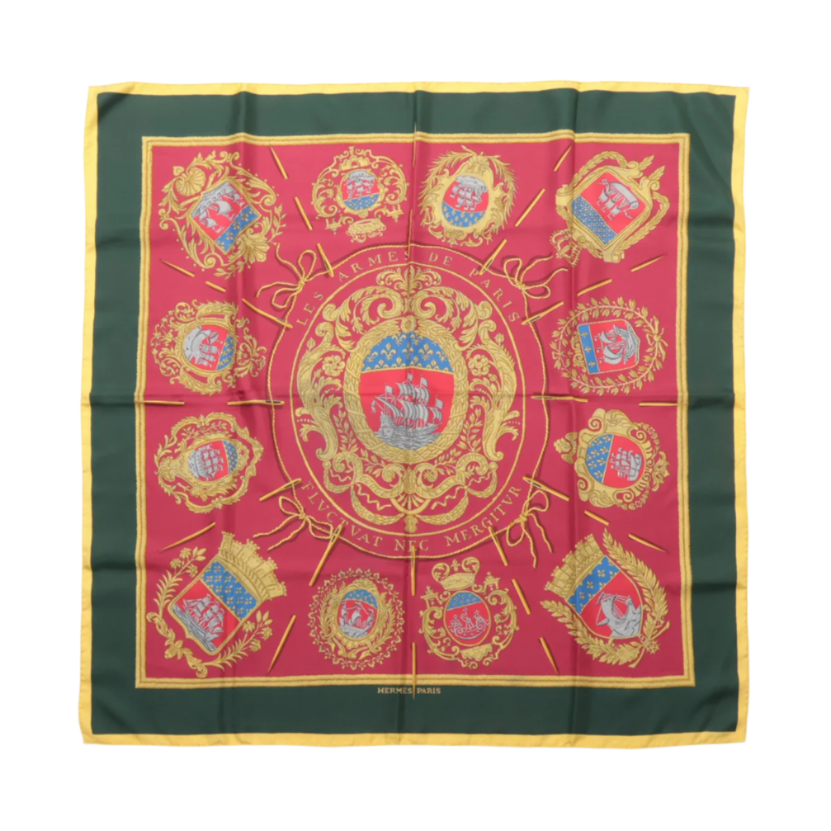 Hermès Carré 90 "FLVCTVAT NEC MERGITVR" 100% Silk Scarf in Green x Red