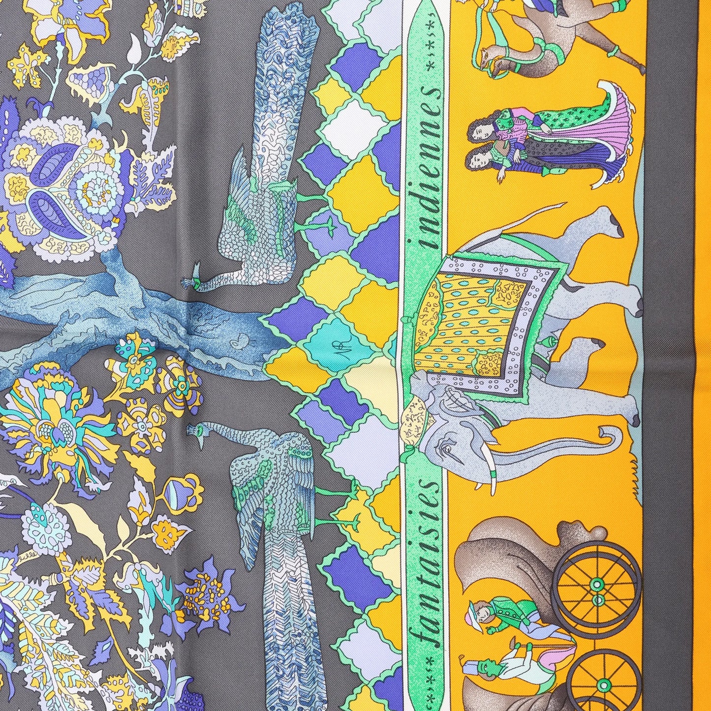 Hermès Carré 90 "Fantaisies Indiennes" Silk handkerchief in Navy Blue x Yellow