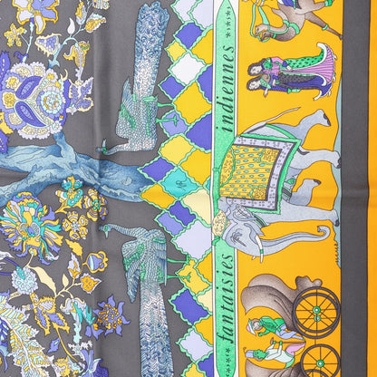 Hermès Carré 90 "Fantaisies Indiennes" Silk handkerchief in Navy Blue x Yellow
