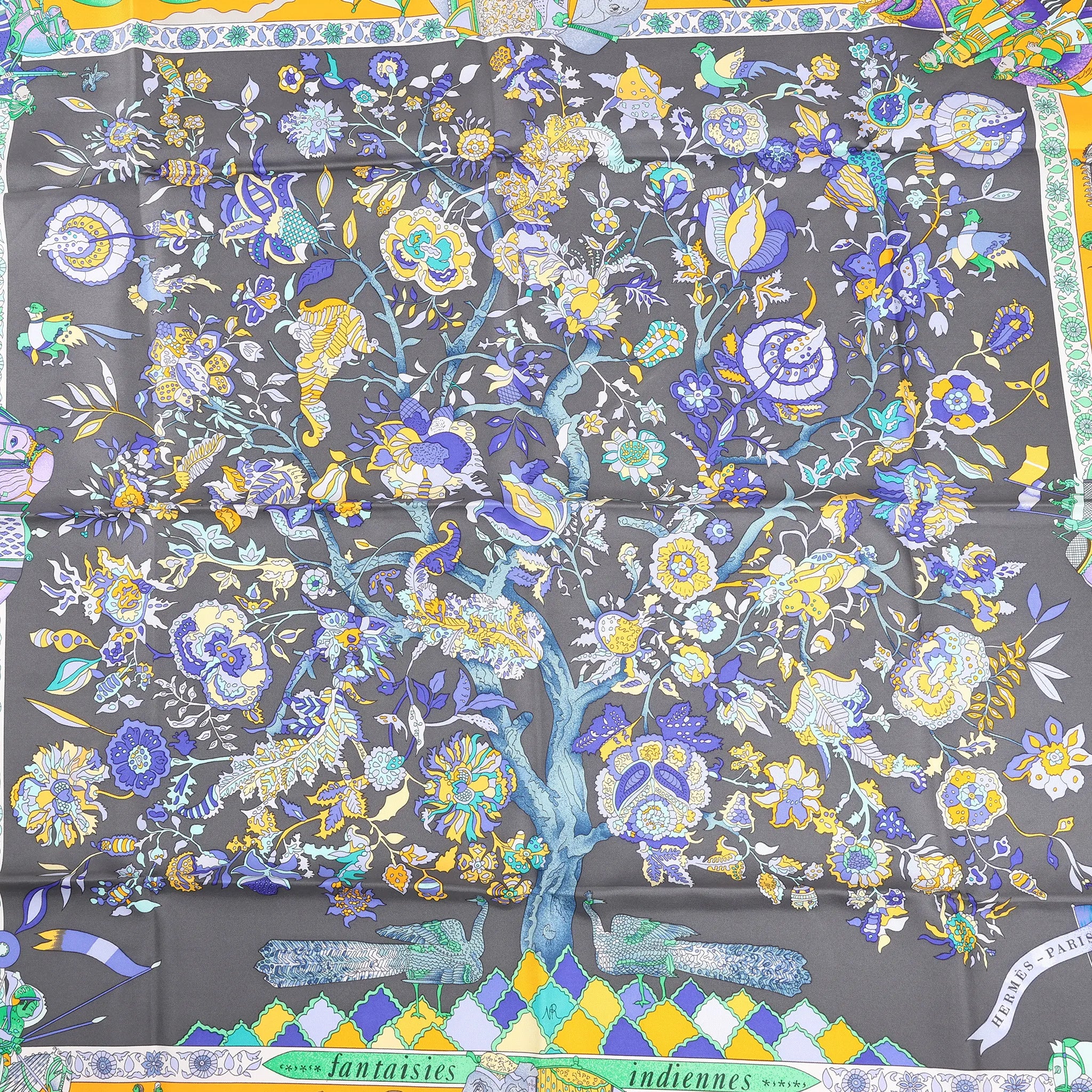 Hermès Carré 90 "Fantaisies Indiennes" Silk handkerchief in Navy Blue x Yellow